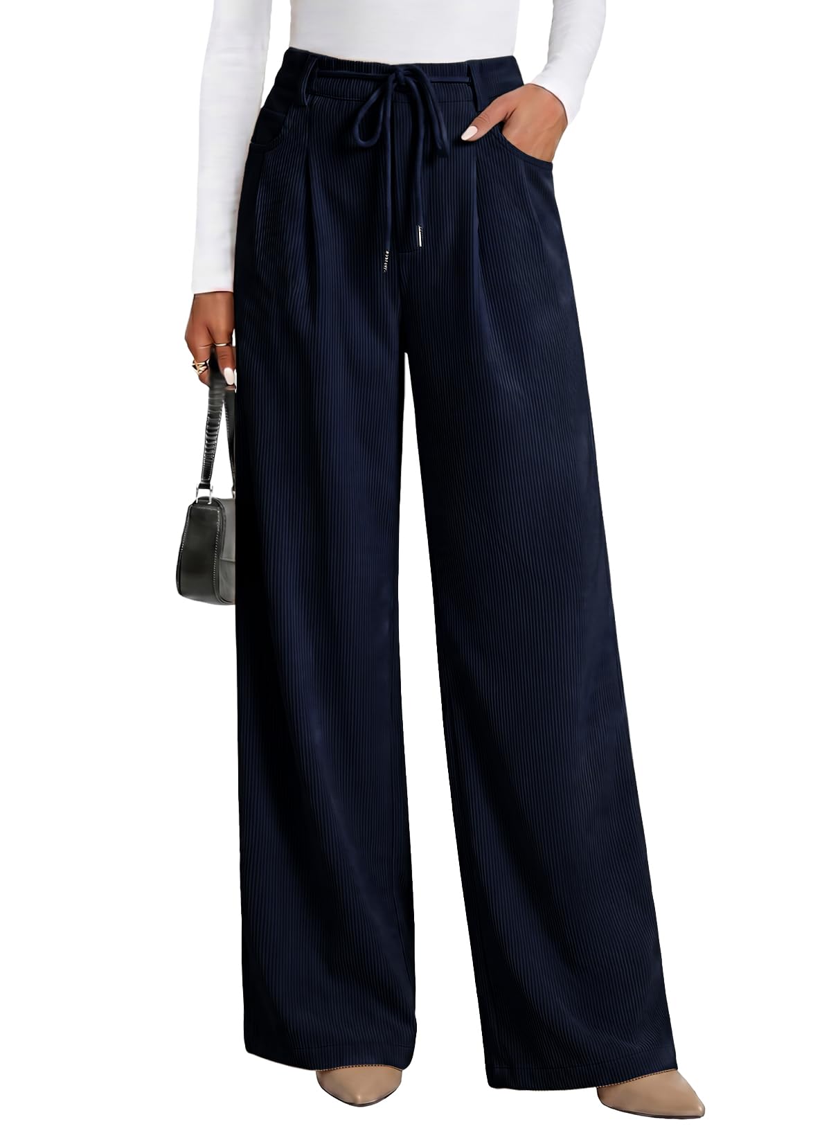 Sidefeel Corduroy Pants Women Wide Leg High Waisted Drawstring Baggy Pants