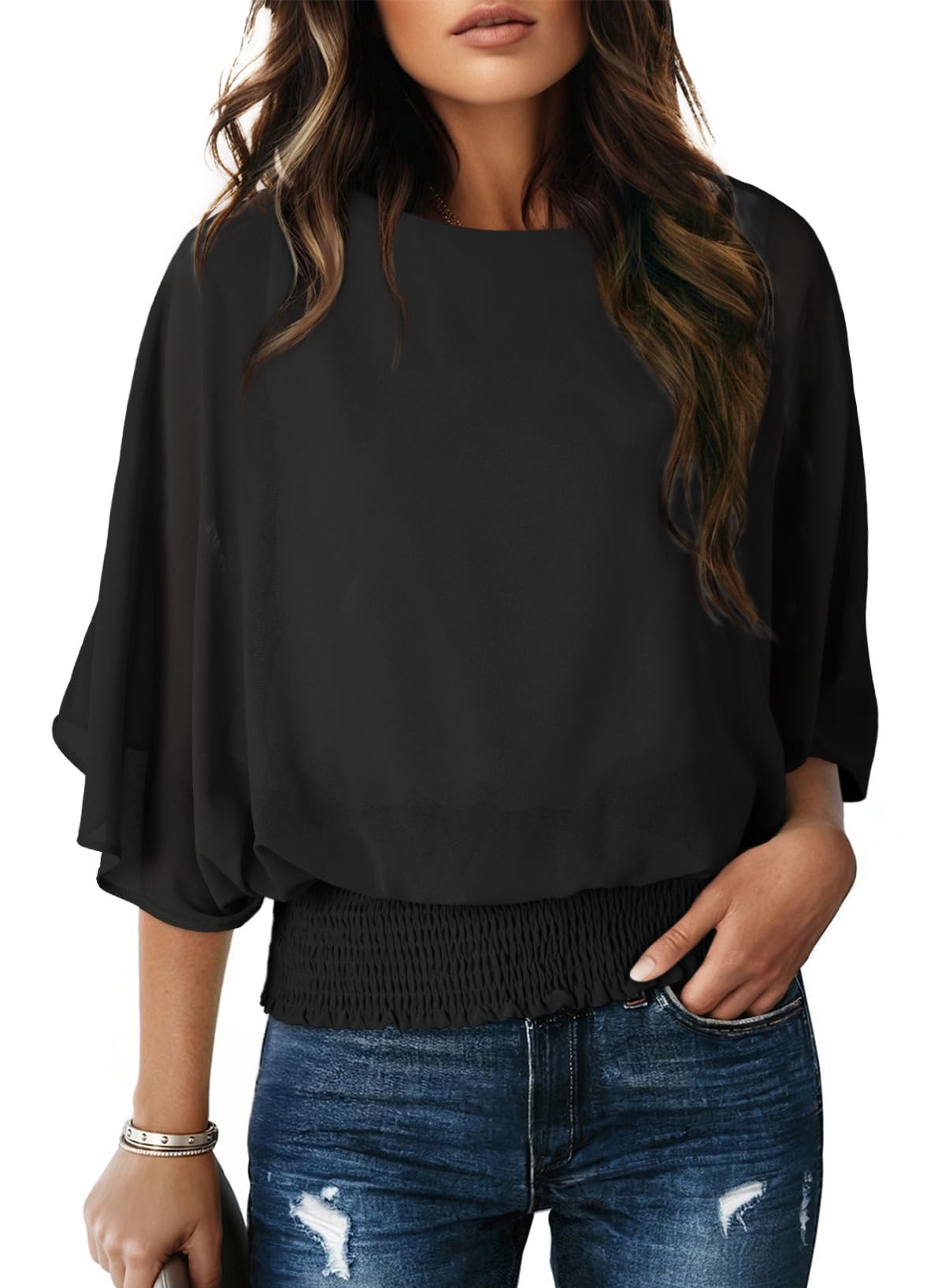 Dokotoo Womens Blouses Dressy Casual Boat Neck Flowy Chiffon Blouses Poncho Batwing Tops