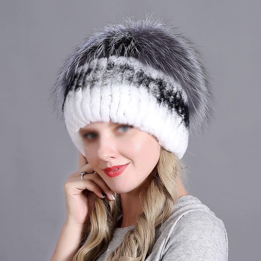 FEABCR Women's Fur Hat,Knit Rex Rabbit Fur Hat Women's Beanies with Fox Fur Pom Pom (Color : C, Size : One Size)