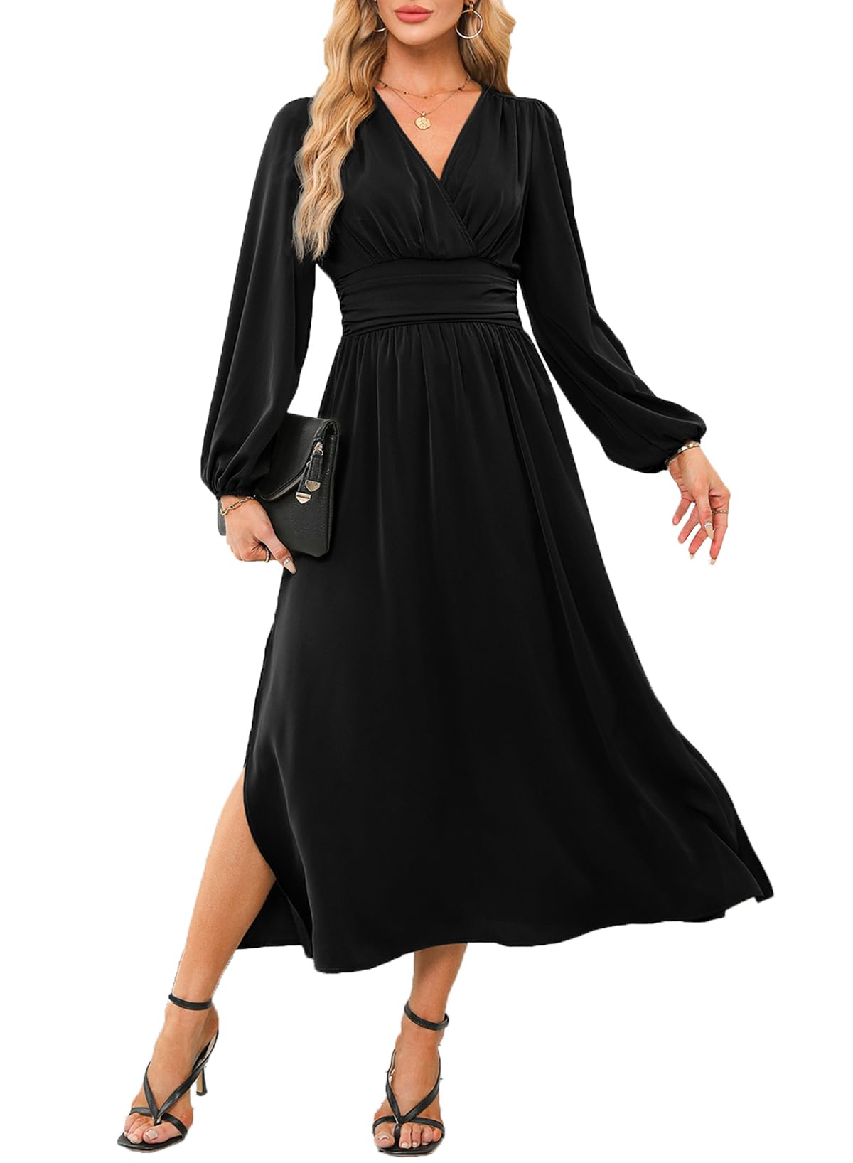 Dokotoo Maxi Dresses for Women 2026 Wrap V-Neck Long Sleeve Ruched Smocked Empire Waist Side Slit Wedding Guest Dress Elegant Dresses Black X-Large