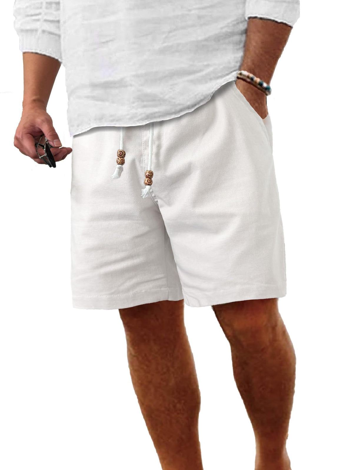 Comdecevis Men's Cotton-Linen Casual Drawstring Shorts