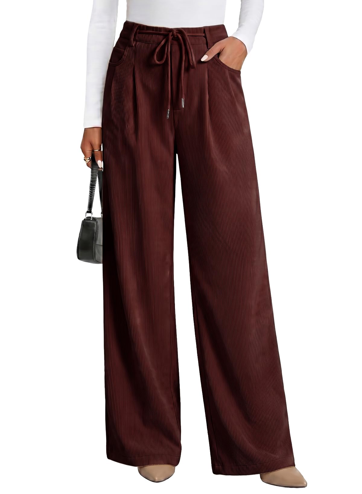 Sidefeel Corduroy Pants Women Wide Leg High Waisted Drawstring Baggy Pants