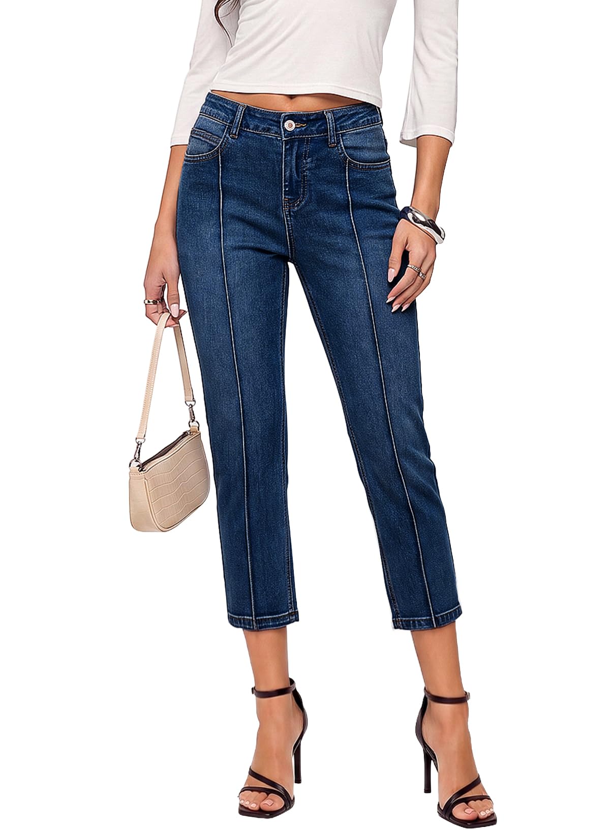 Sidefeel Women's Capri Jeans Mid Rise Skinny Stretchy Front Seam Capri Leggings Denim Pants