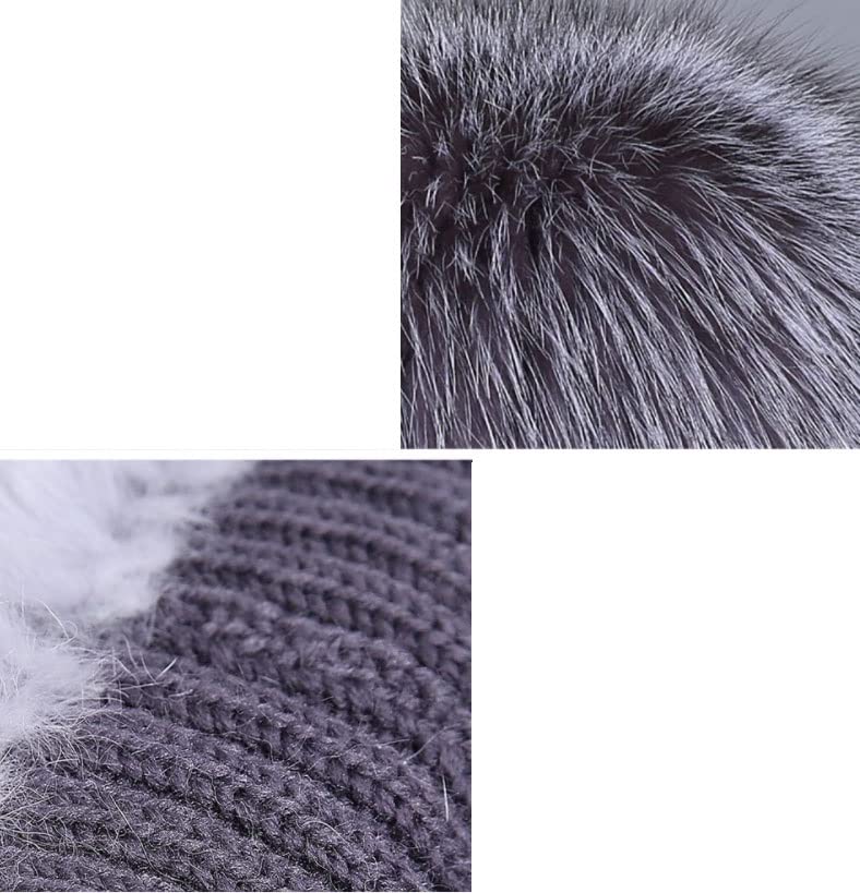 FEABCR Women's Fur Hat,Knit Rex Rabbit Fur Hat Women's Beanies with Fox Fur Pom Pom (Color : C, Size : One Size)