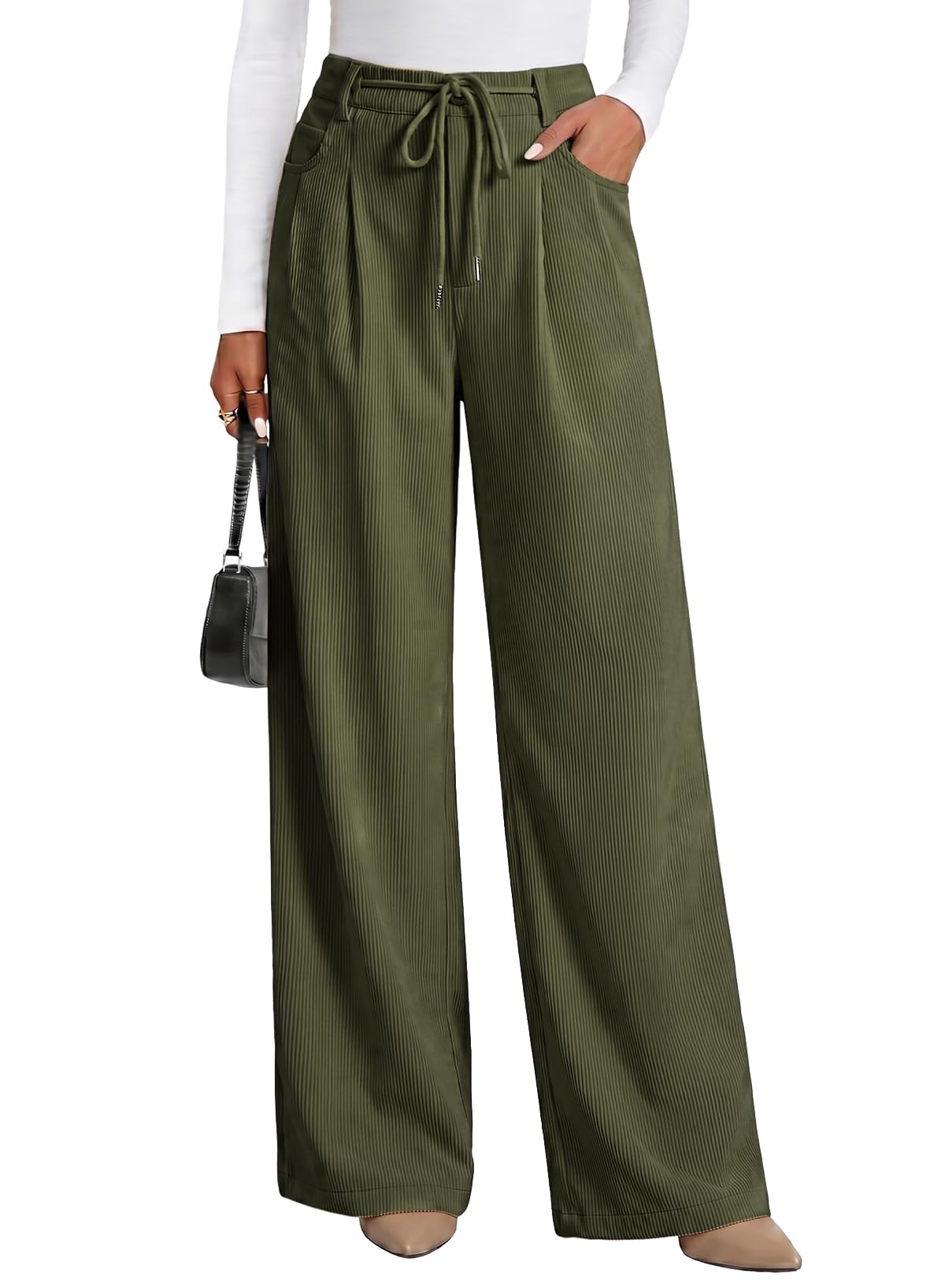 Sidefeel Corduroy Pants Women Wide Leg High Waisted Drawstring Baggy Pants
