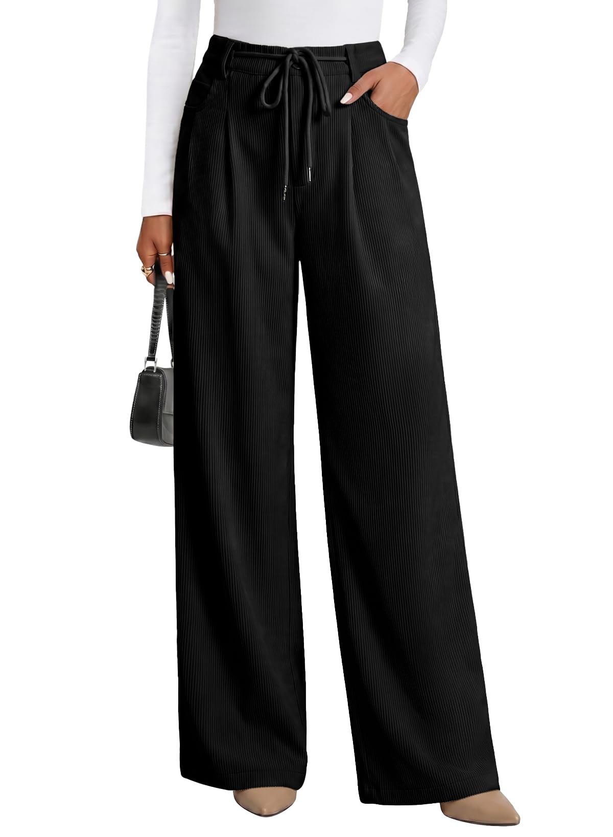 Sidefeel Corduroy Pants Women Wide Leg High Waisted Drawstring Baggy Pants
