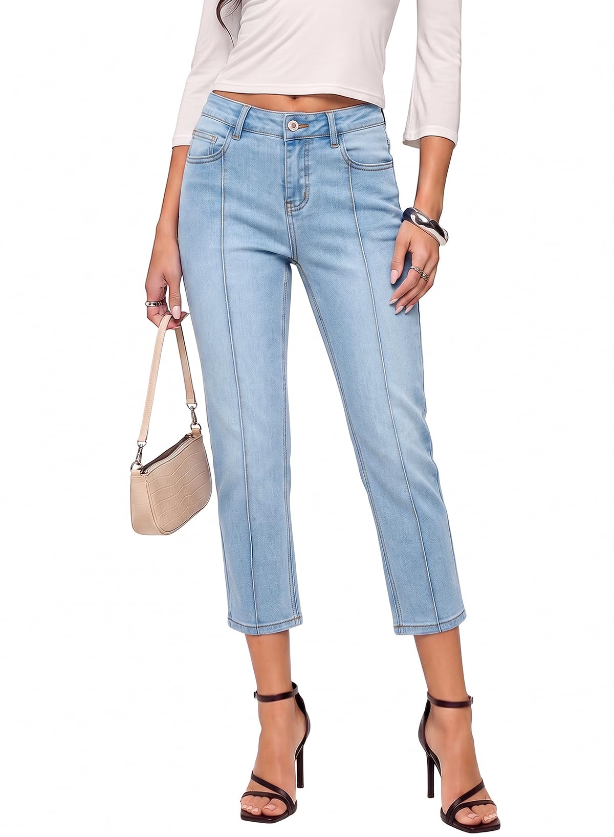 Sidefeel Women's Capri Jeans Mid Rise Skinny Stretchy Front Seam Capri Leggings Denim Pants