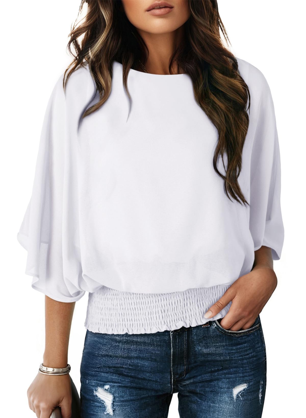 Dokotoo Womens Blouses Dressy Casual Boat Neck Flowy Chiffon Blouses Poncho Batwing Tops