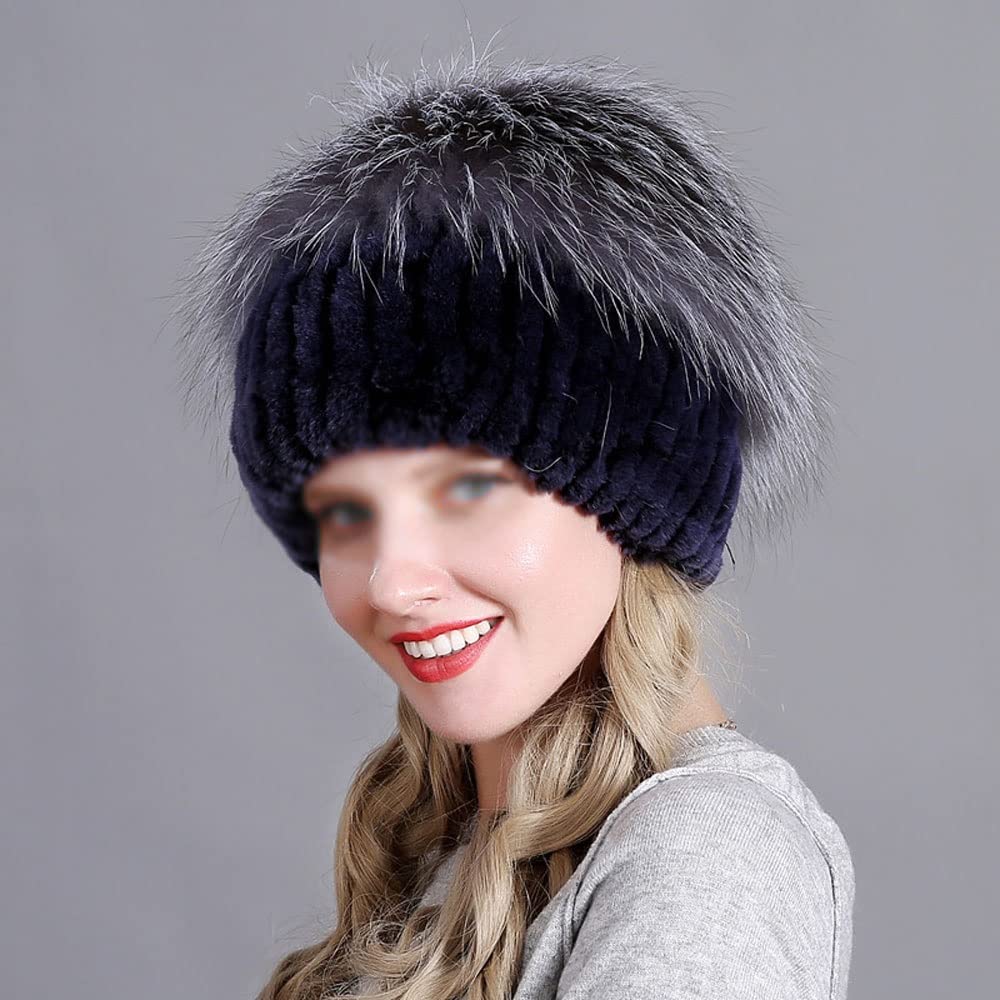 FEABCR Women's Fur Hat,Knit Rex Rabbit Fur Hat Women's Beanies with Fox Fur Pom Pom (Color : C, Size : One Size)