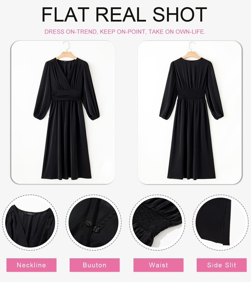 Dokotoo Maxi Dresses for Women 2026 Wrap V-Neck Long Sleeve Ruched Smocked Empire Waist Side Slit Wedding Guest Dress Elegant Dresses Black X-Large