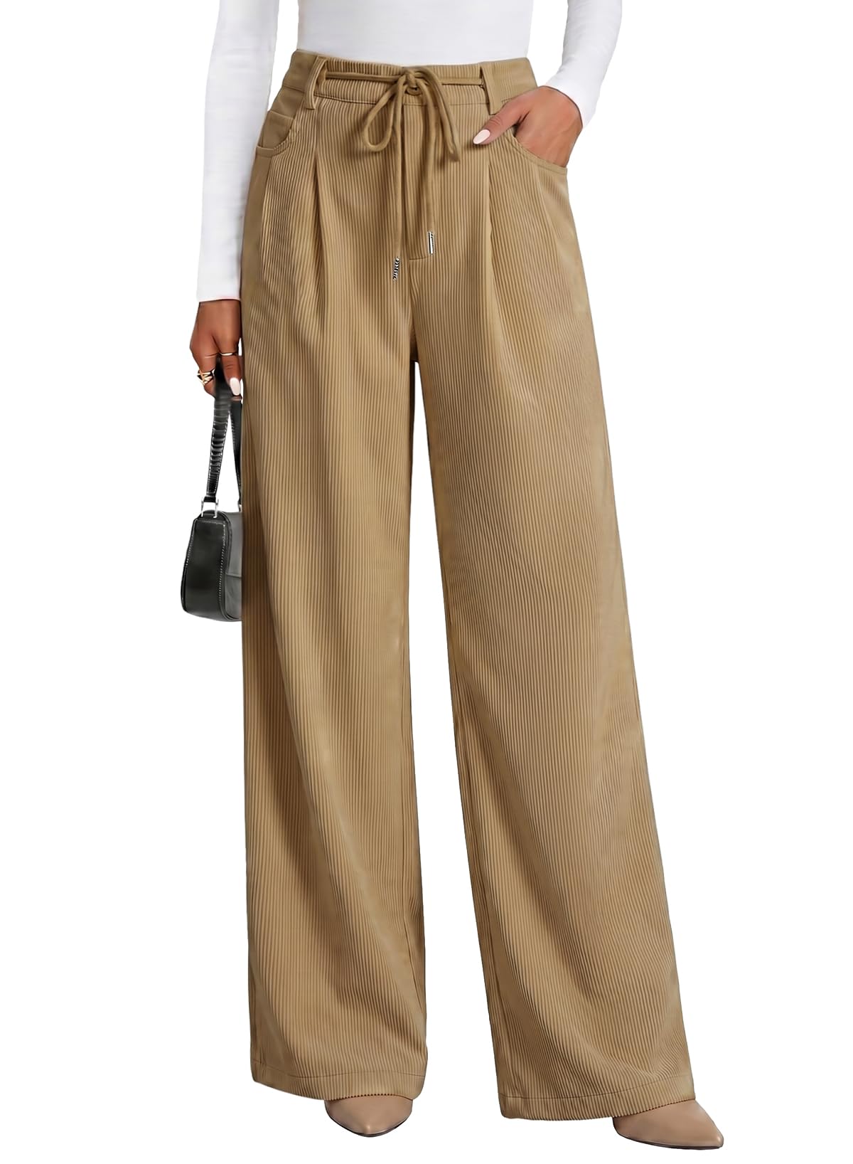 Sidefeel Corduroy Pants Women Wide Leg High Waisted Drawstring Baggy Pants