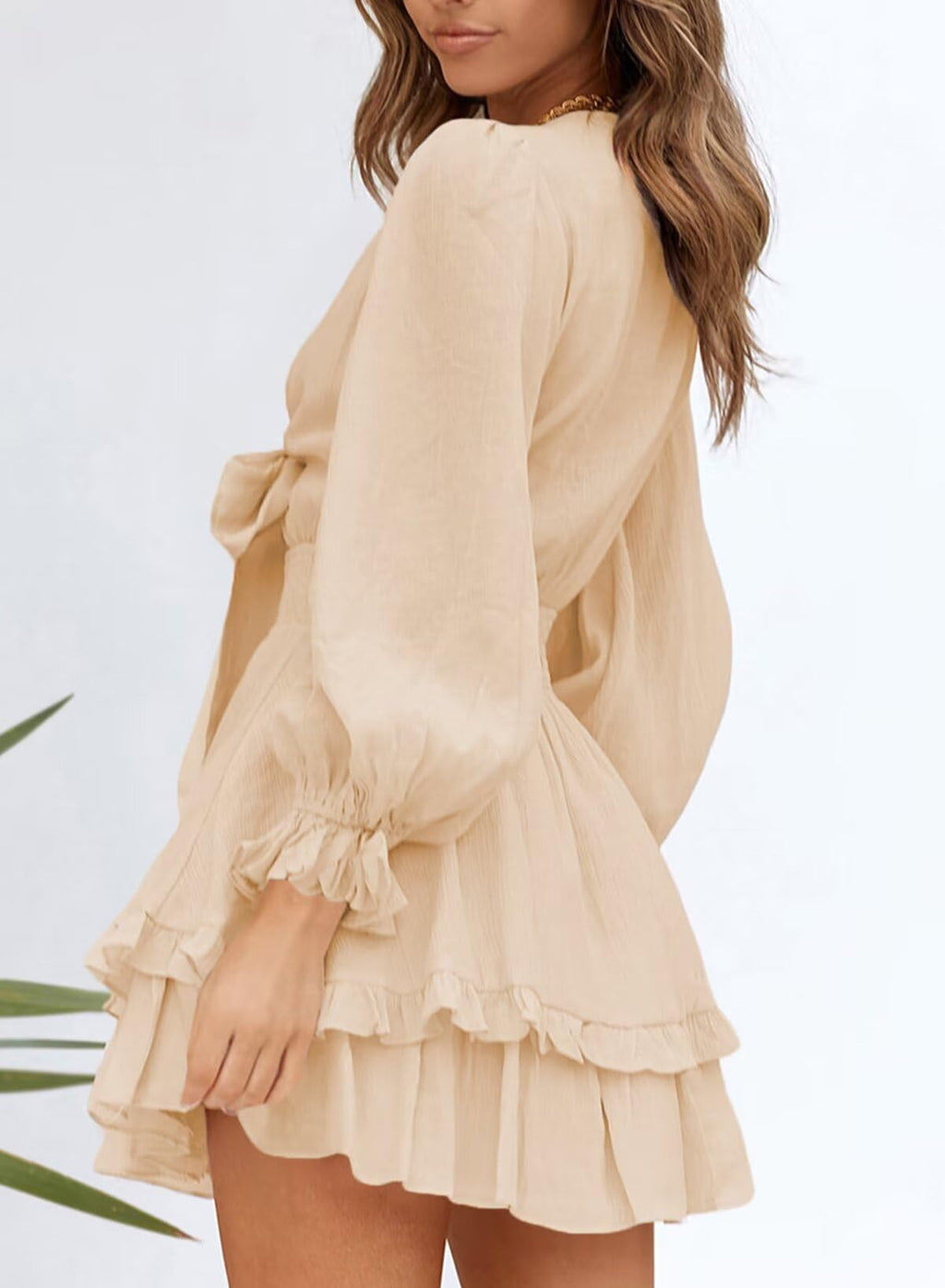 Dokotoo Womens Casual Spring Fall 2025 Deep V Neck Knotted Tiered Chiffon Elegant Mini Short Swing Skater Dresses