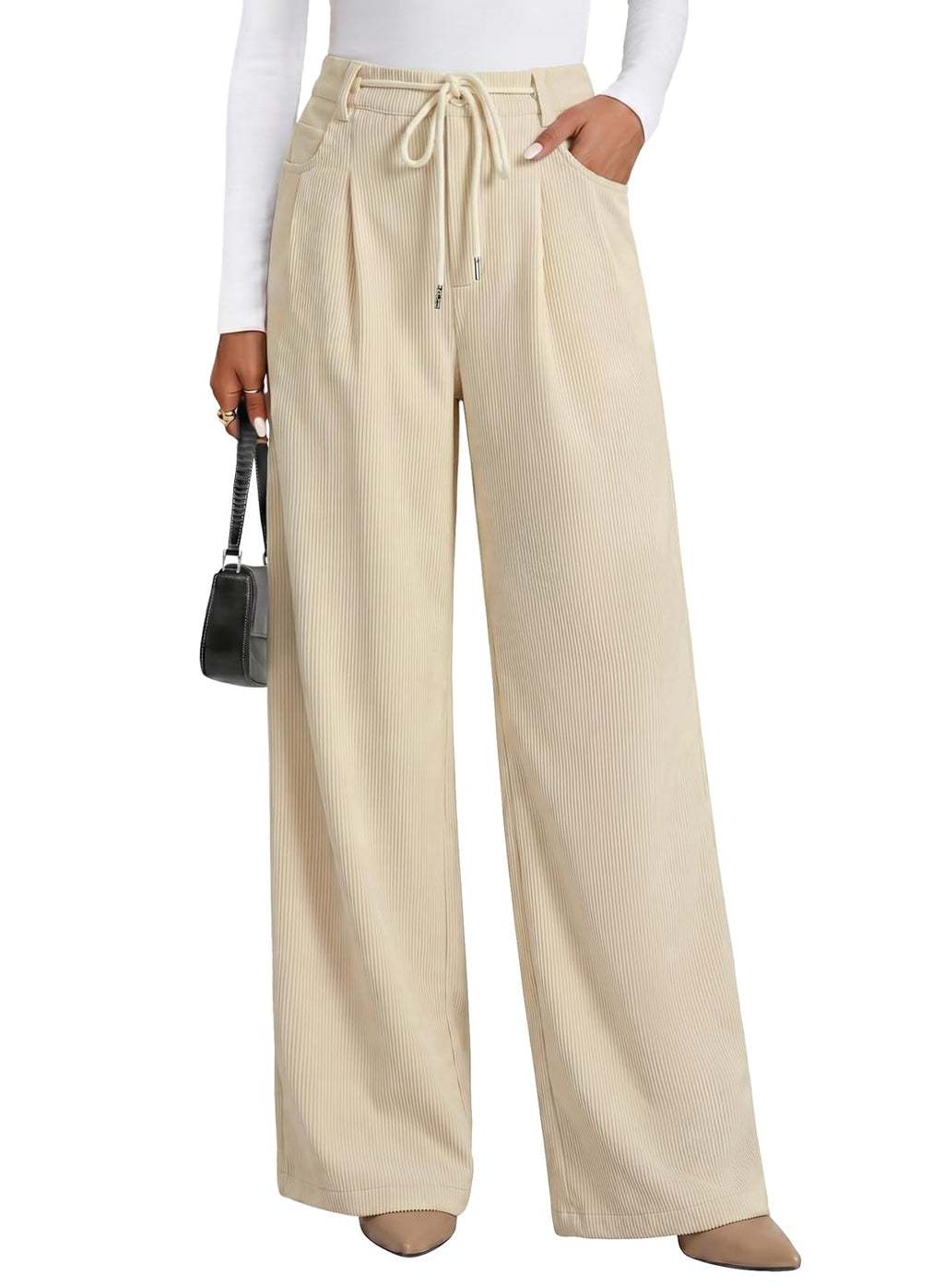 Sidefeel Corduroy Pants Women Wide Leg High Waisted Drawstring Baggy Pants