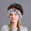 FEABCR Women's Fur Hat,Knit Rex Rabbit Fur Hat Women's Beanies with Fox Fur Pom Pom (Color : C, Size : One Size)