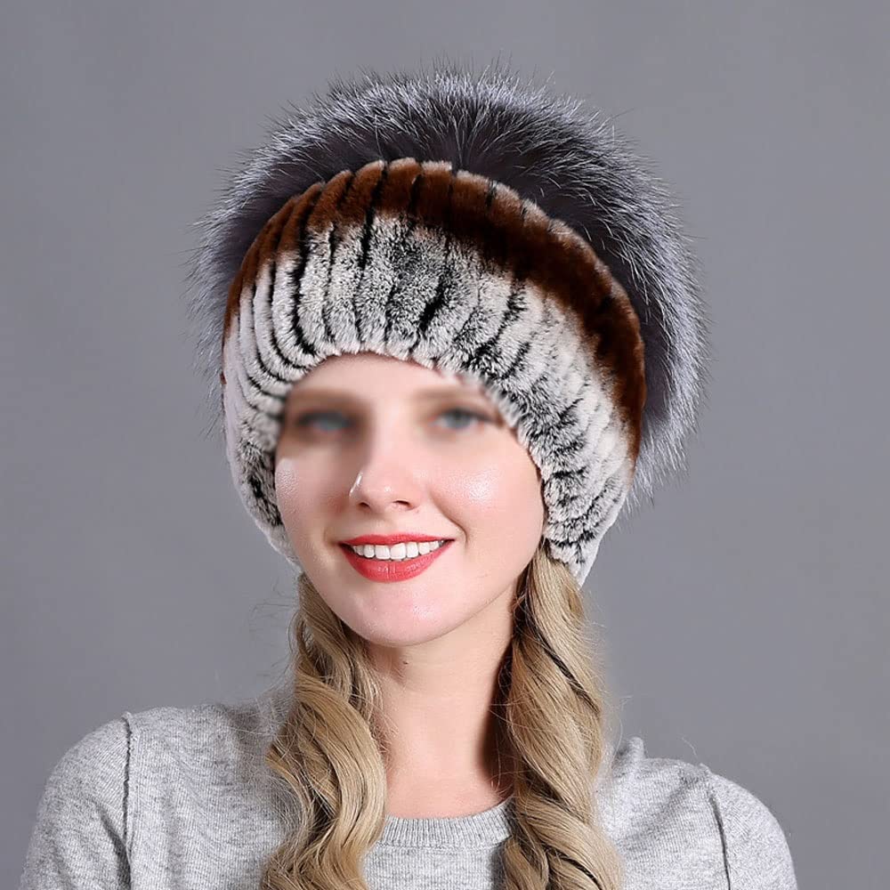 FEABCR Women's Fur Hat,Knit Rex Rabbit Fur Hat Women's Beanies with Fox Fur Pom Pom (Color : C, Size : One Size)