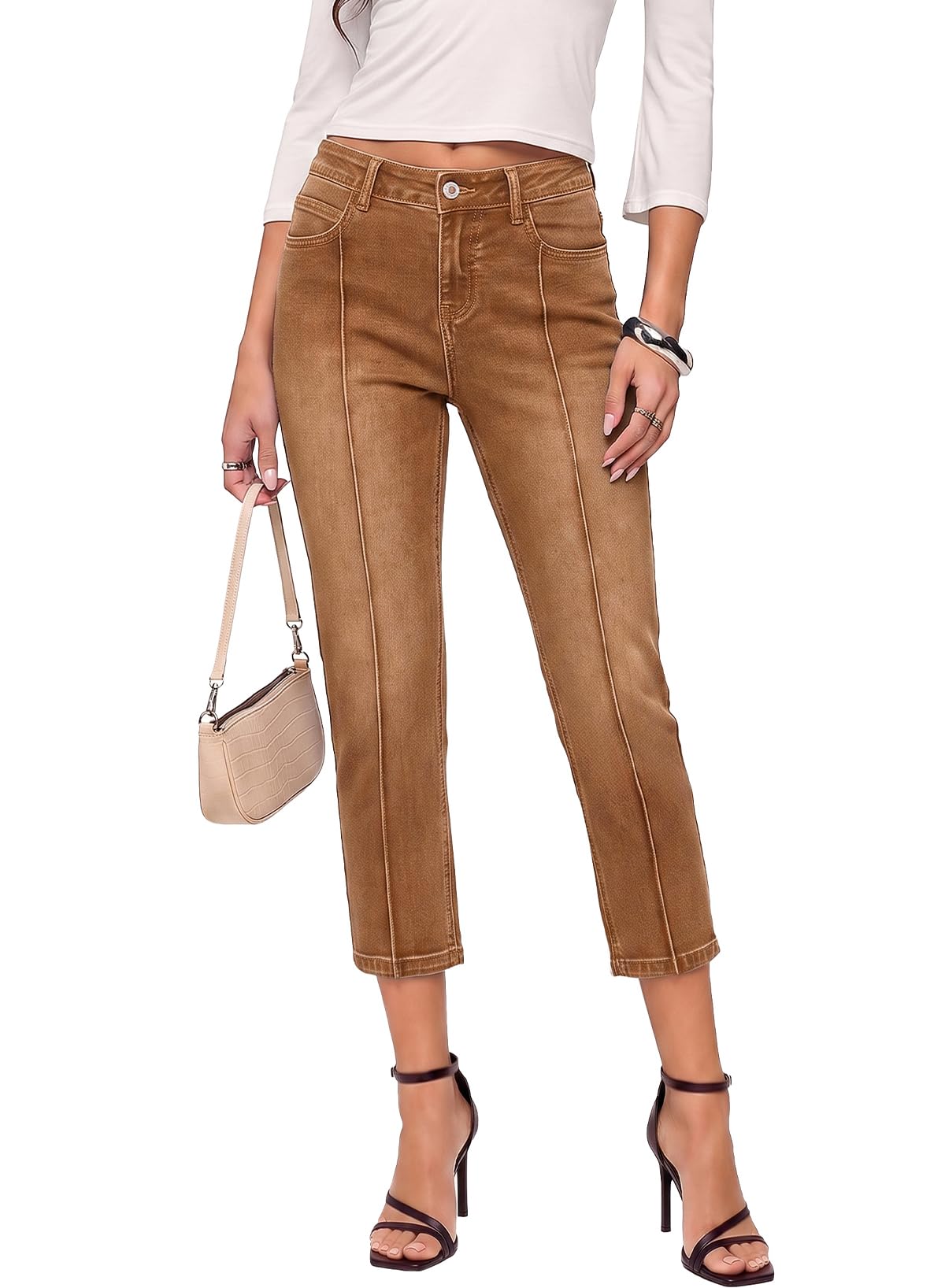 Sidefeel Women's Capri Jeans Mid Rise Skinny Stretchy Front Seam Capri Leggings Denim Pants