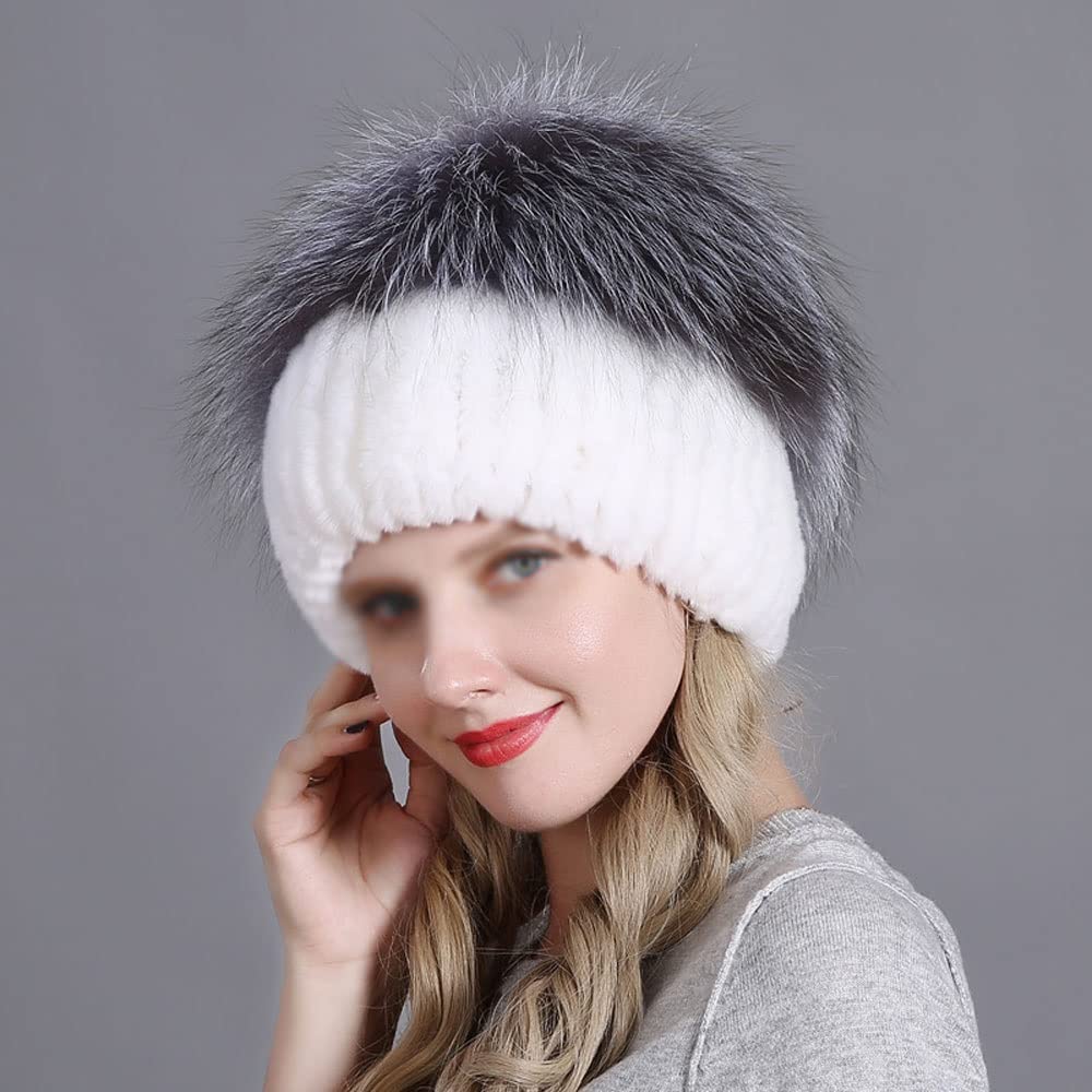 FEABCR Women's Fur Hat,Knit Rex Rabbit Fur Hat Women's Beanies with Fox Fur Pom Pom (Color : C, Size : One Size)