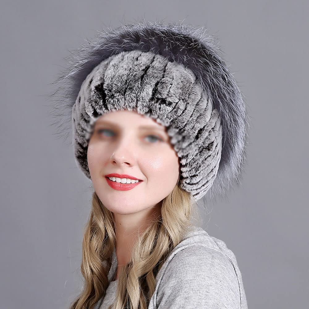 FEABCR Women's Fur Hat,Knit Rex Rabbit Fur Hat Women's Beanies with Fox Fur Pom Pom (Color : C, Size : One Size)