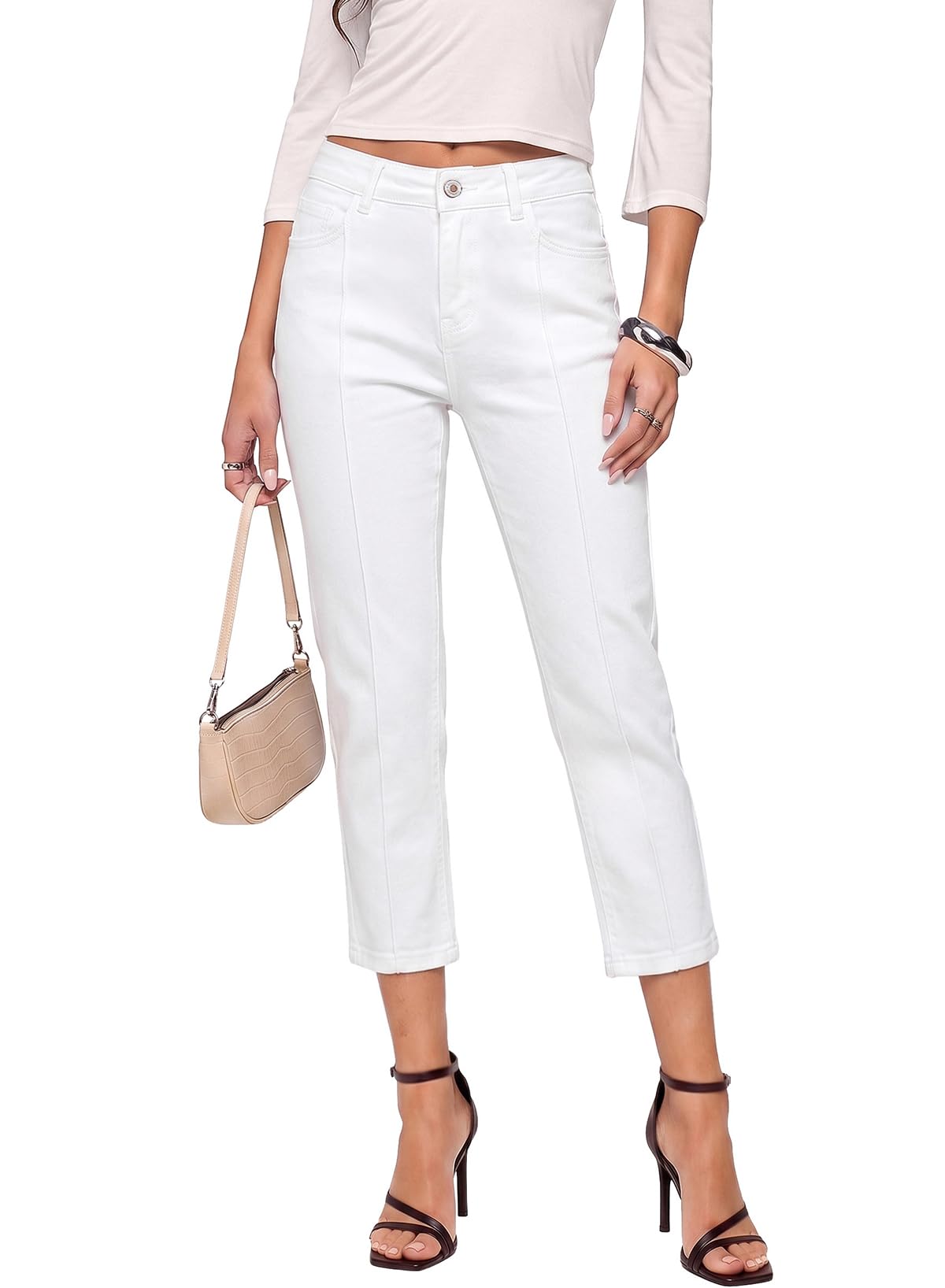 Sidefeel Women's Capri Jeans Mid Rise Skinny Stretchy Front Seam Capri Leggings Denim Pants