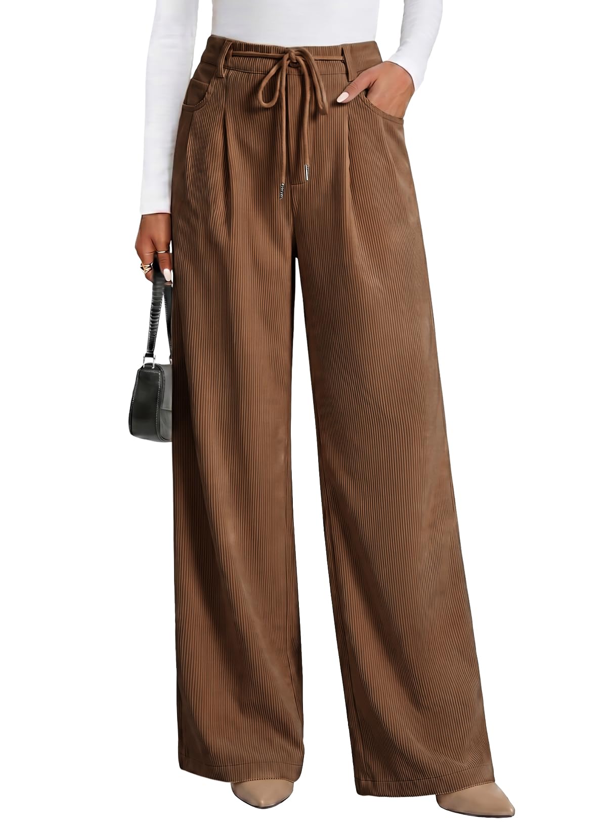 Sidefeel Corduroy Pants Women Wide Leg High Waisted Drawstring Baggy Pants