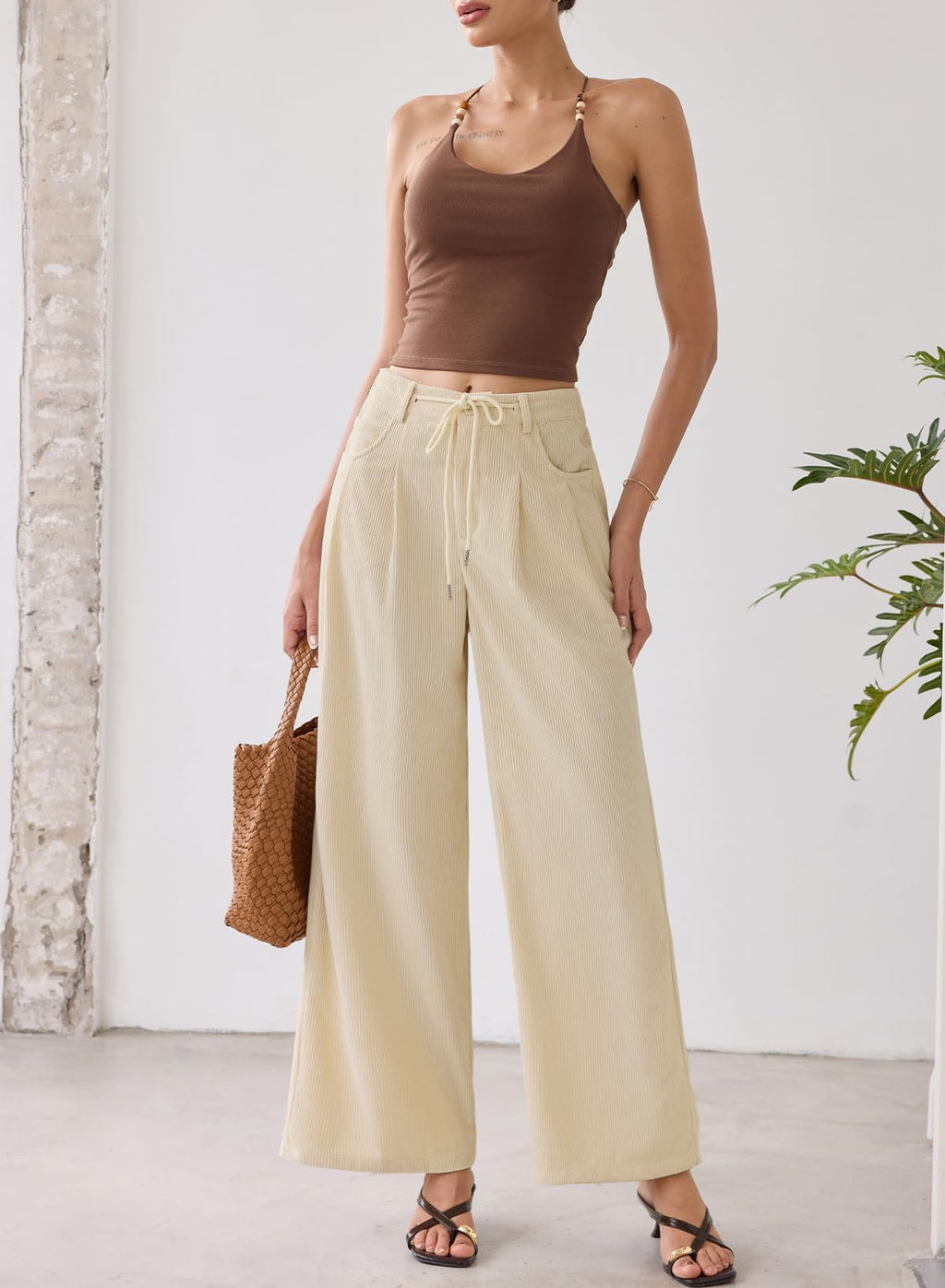 Sidefeel Corduroy Pants Women Wide Leg High Waisted Drawstring Baggy Pants