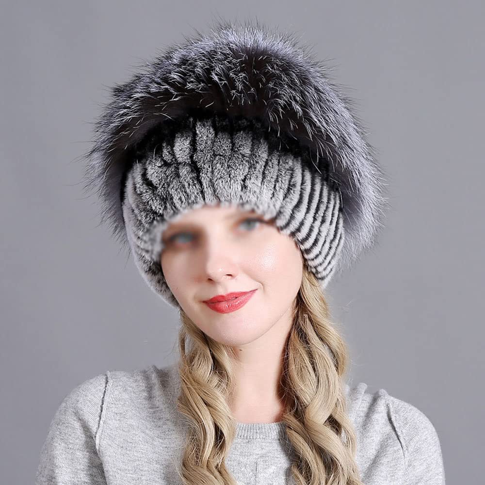 FEABCR Women's Fur Hat,Knit Rex Rabbit Fur Hat Women's Beanies with Fox Fur Pom Pom (Color : C, Size : One Size)