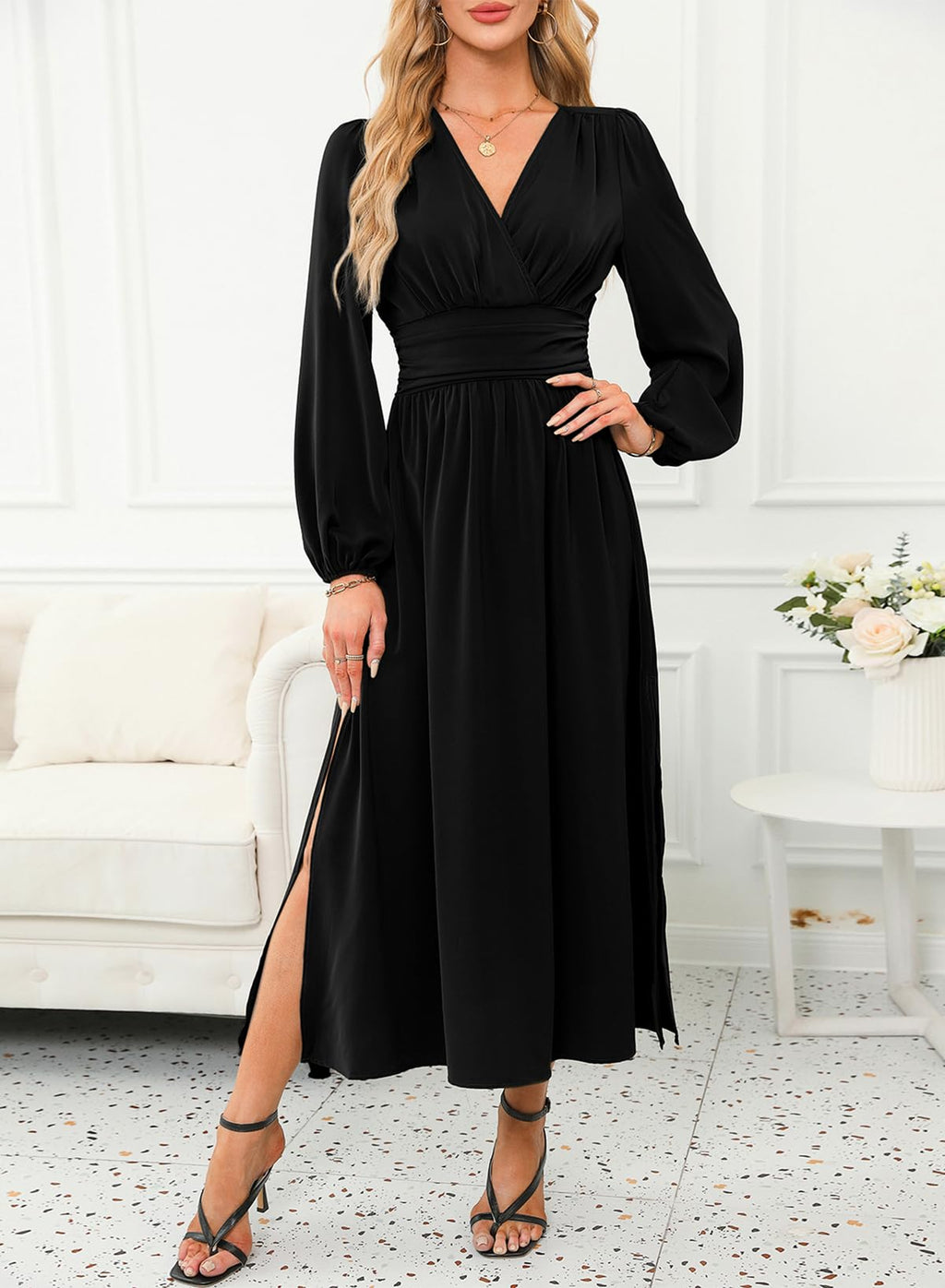 Dokotoo Maxi Dresses for Women 2026 Wrap V-Neck Long Sleeve Ruched Smocked Empire Waist Side Slit Wedding Guest Dress Elegant Dresses Black X-Large
