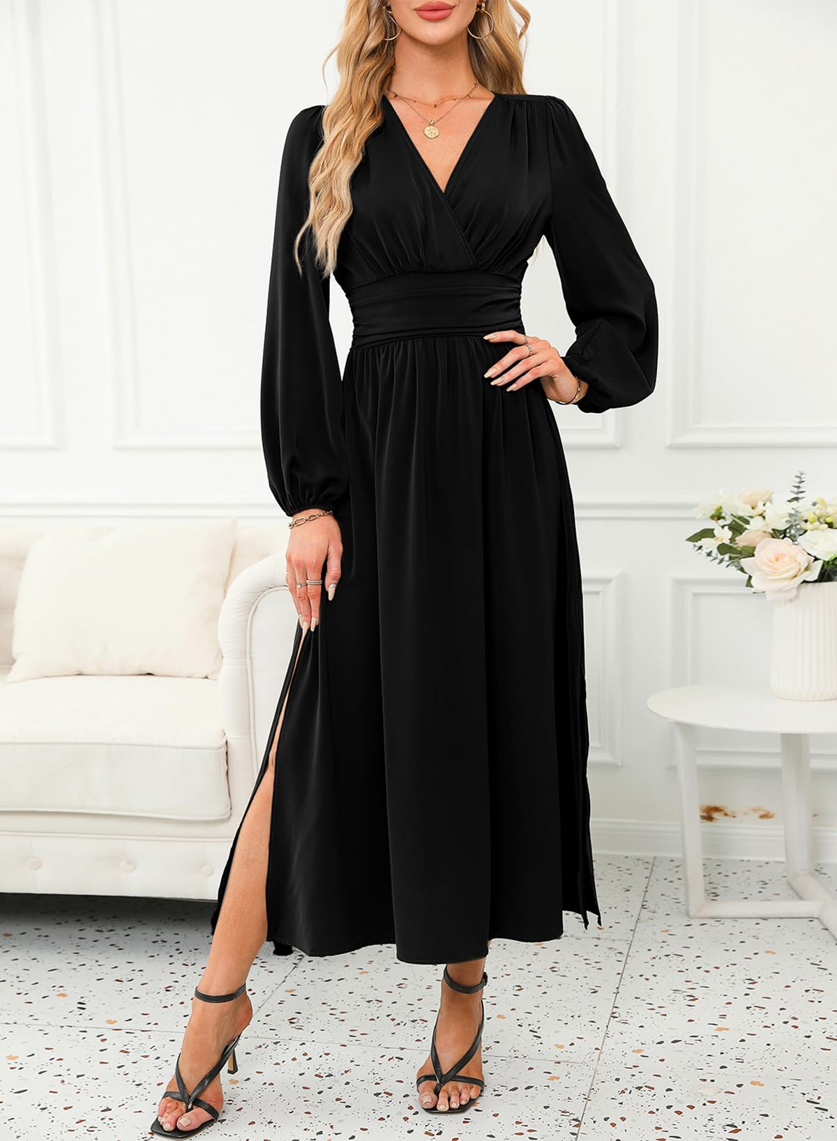 Dokotoo Maxi Dresses for Women 2026 Wrap V-Neck Long Sleeve Ruched Smocked Empire Waist Side Slit Wedding Guest Dress Elegant Dresses Black X-Large