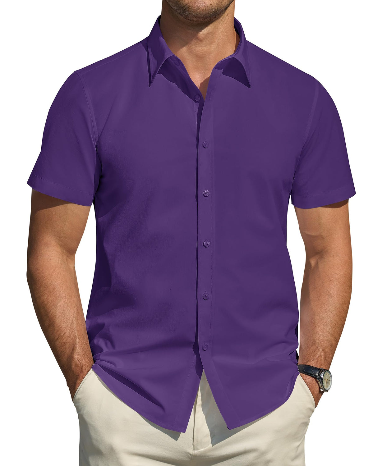 J.VER Men's Short Sleeve Dress Shirts Stretch Stain Shield Casual Button Down Shirts Solid Formal Shirt