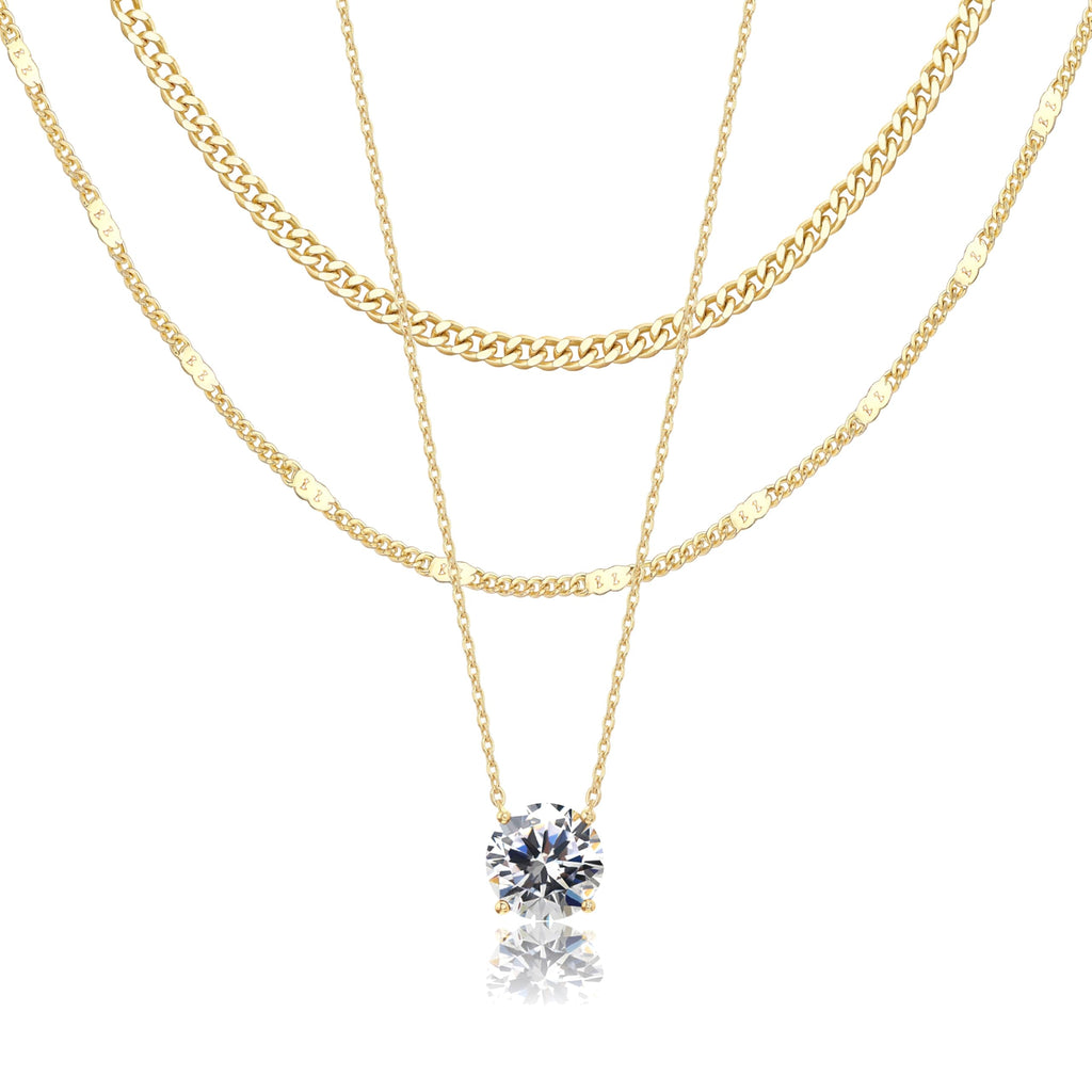 WomenGifts Layered Gold Necklaces for Women, 14K Gold Sterling Silver Plated Dainty Pendant Necklace Set Non Tarnish, Chunky Stackable Cuban Chain Choker, Trendy Birthstone Vacation Jewelry Gift
