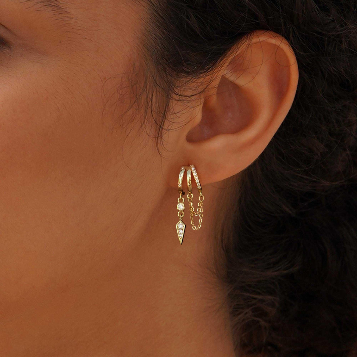 SELSHE Dangle Earrings for Women,14k Gold Plated Triple Huggie Stud Earrings Cute Statement Chain Earring Dainty Drop Earrings for Women Trendy Gold Plated Jewelry