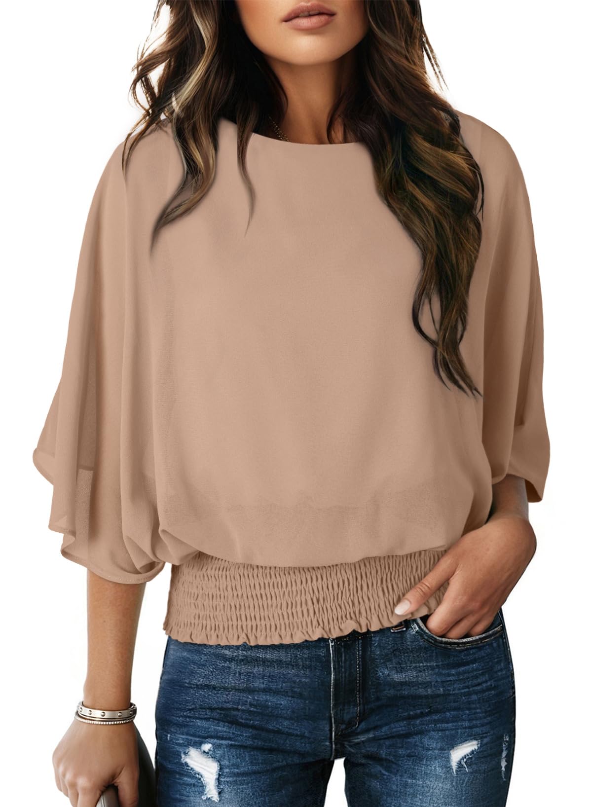 Dokotoo Womens Blouses Dressy Casual Boat Neck Flowy Chiffon Blouses Poncho Batwing Tops