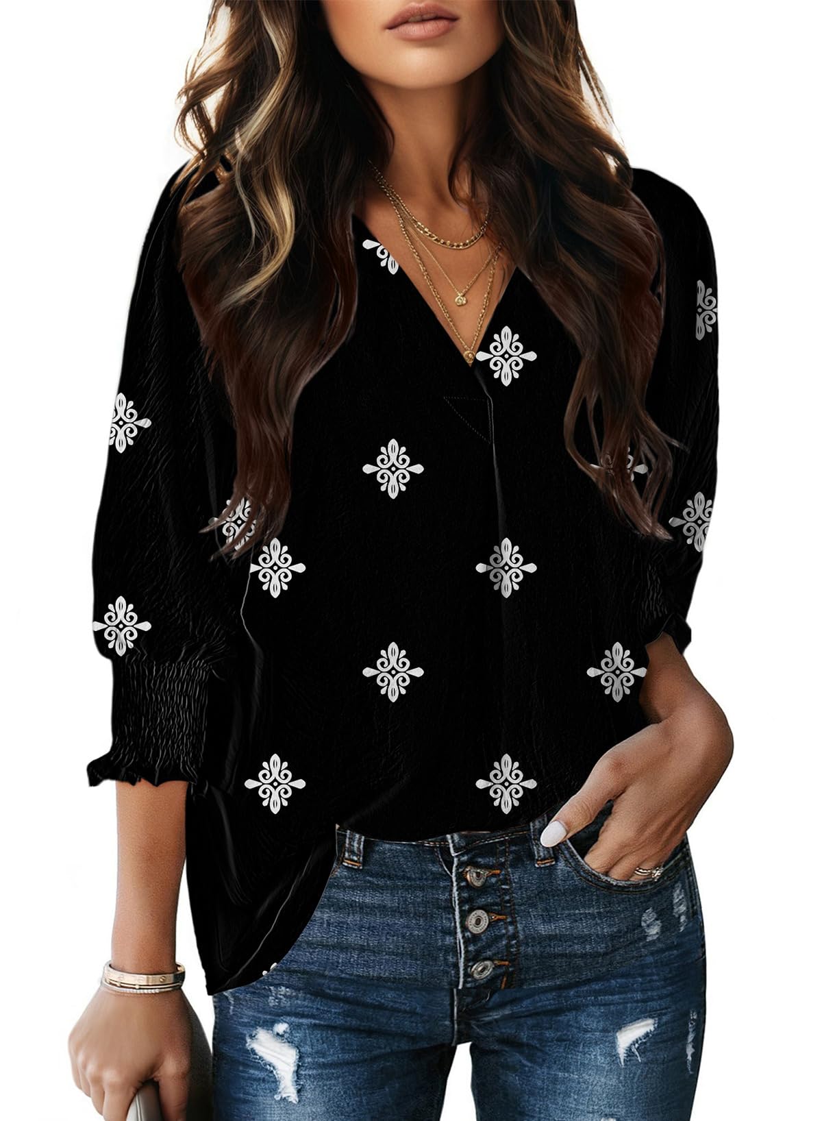 Dokotoo 3/4 Length Sleeve Womens Tops Dressy Blouses Collared Shirts