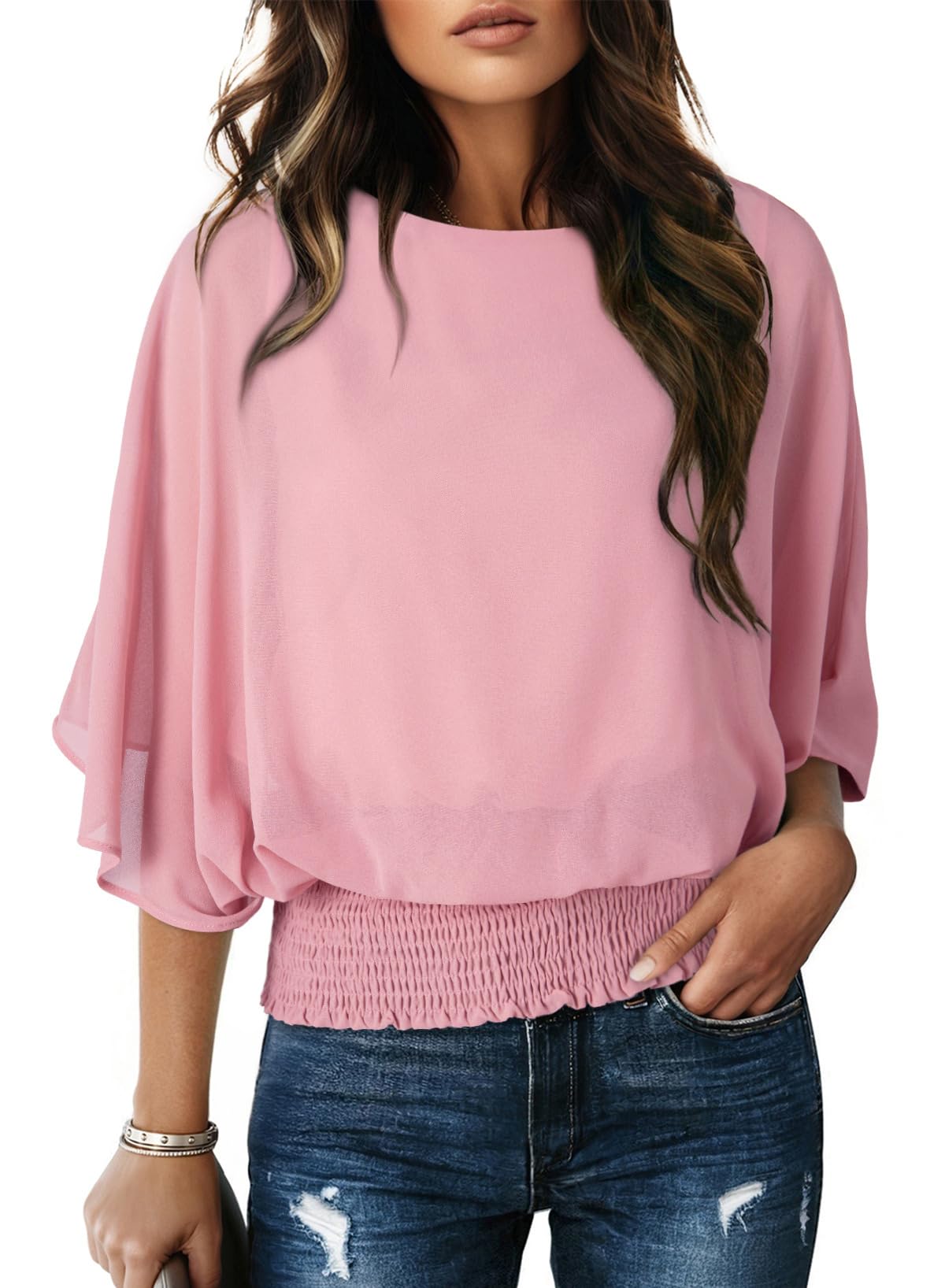Dokotoo Womens Blouses Dressy Casual Boat Neck Flowy Chiffon Blouses Poncho Batwing Tops