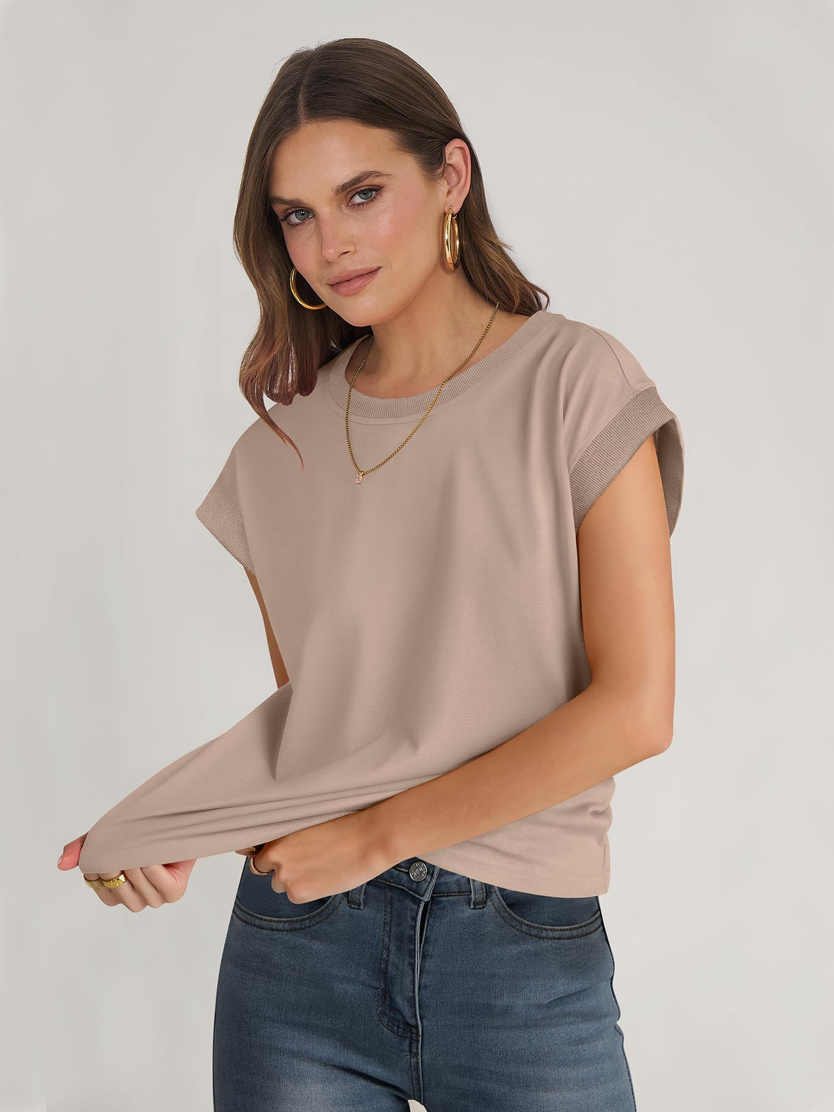 ANRABESS Women Cap Sleeve Tops 2026 Trendy Summer Loose Fit Cute Basic T Shirts Business Dressy Casual Outfits Clothes Khaki Medium