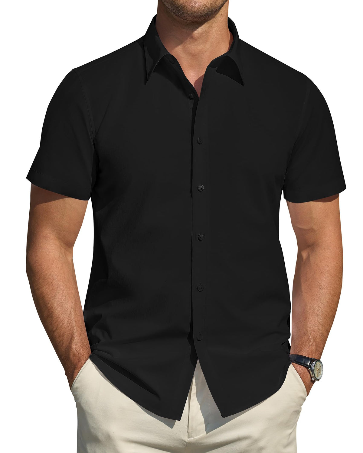 J.VER Men's Short Sleeve Dress Shirts Stretch Stain Shield Casual Button Down Shirts Solid Formal Shirt
