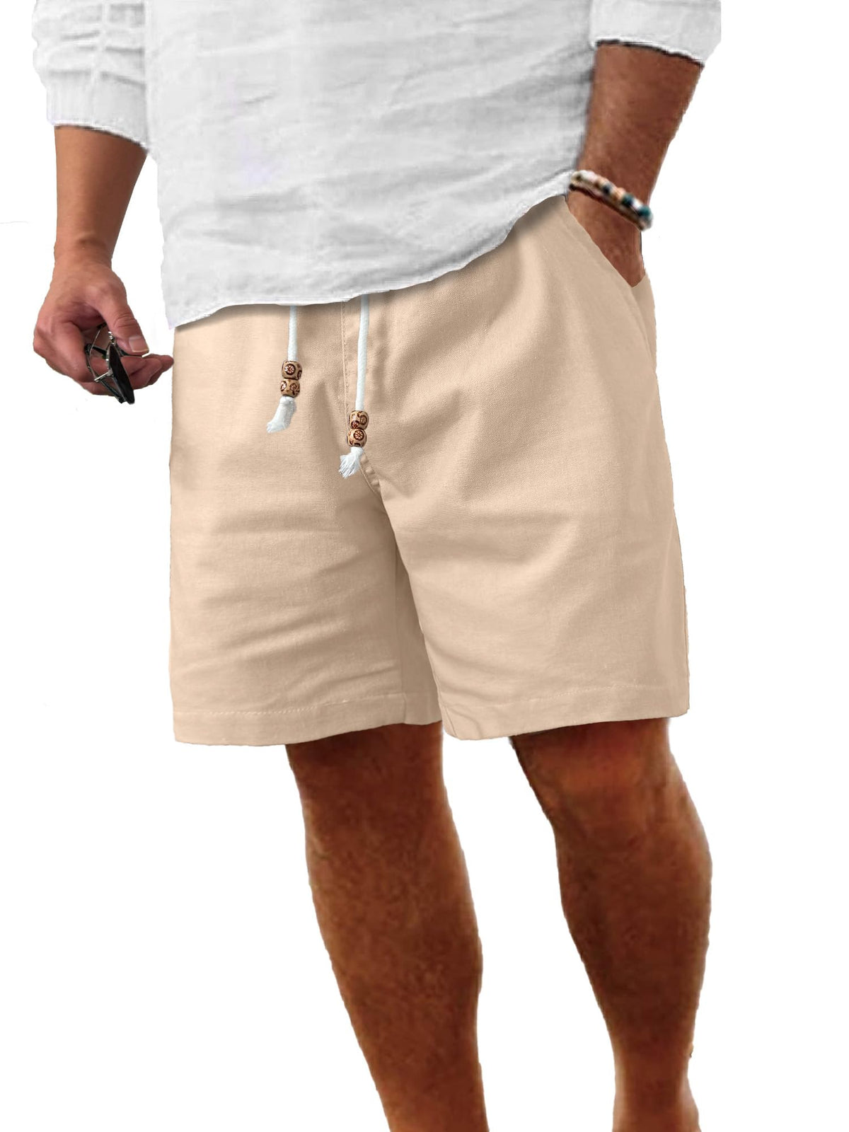 Comdecevis Men's Cotton-Linen Casual Drawstring Shorts
