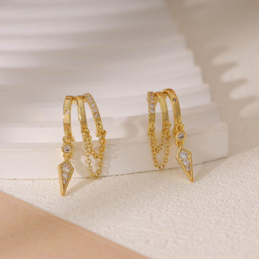 SELSHE Dangle Earrings for Women,14k Gold Plated Triple Huggie Stud Earrings Cute Statement Chain Earring Dainty Drop Earrings for Women Trendy Gold Plated Jewelry