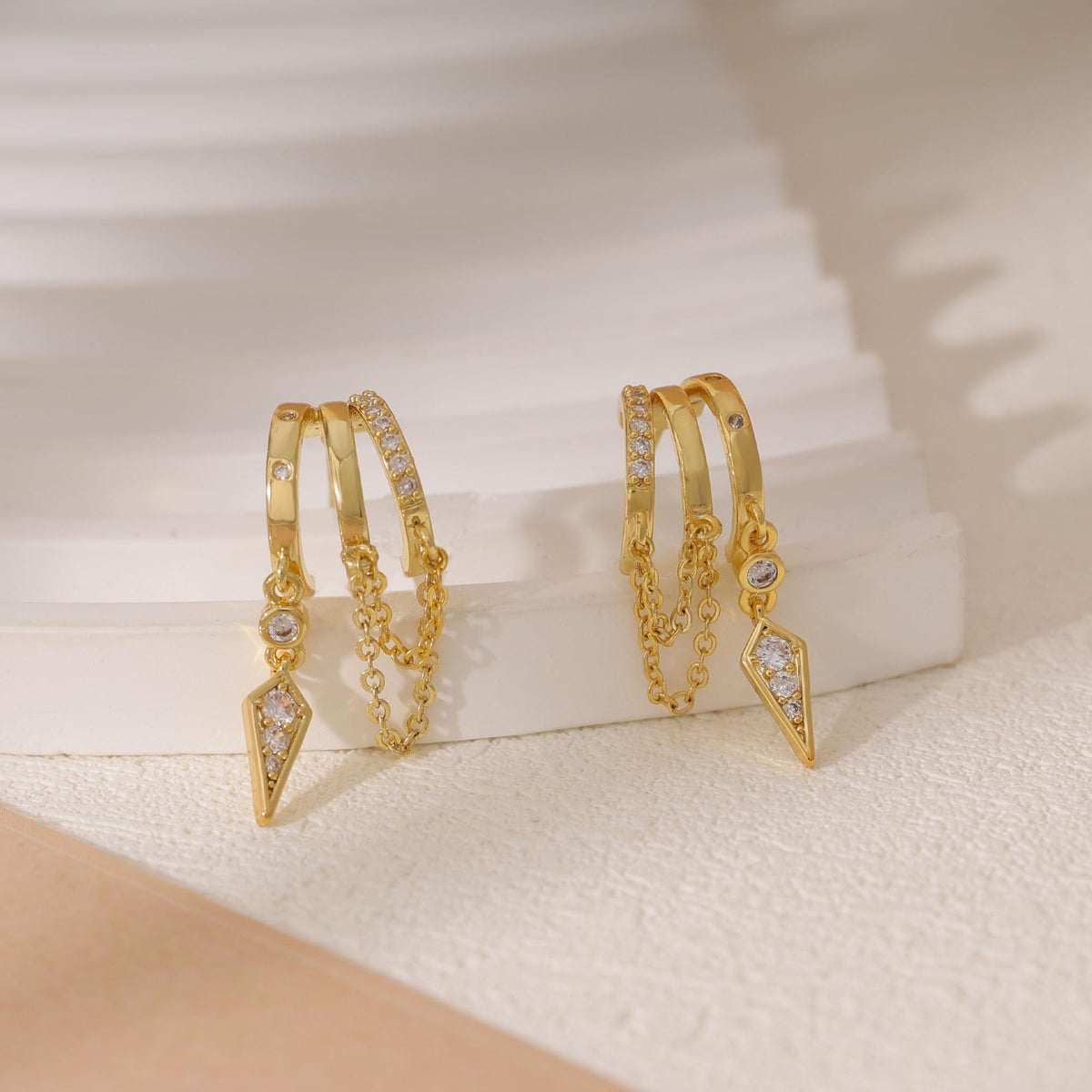 SELSHE Dangle Earrings for Women,14k Gold Plated Triple Huggie Stud Earrings Cute Statement Chain Earring Dainty Drop Earrings for Women Trendy Gold Plated Jewelry