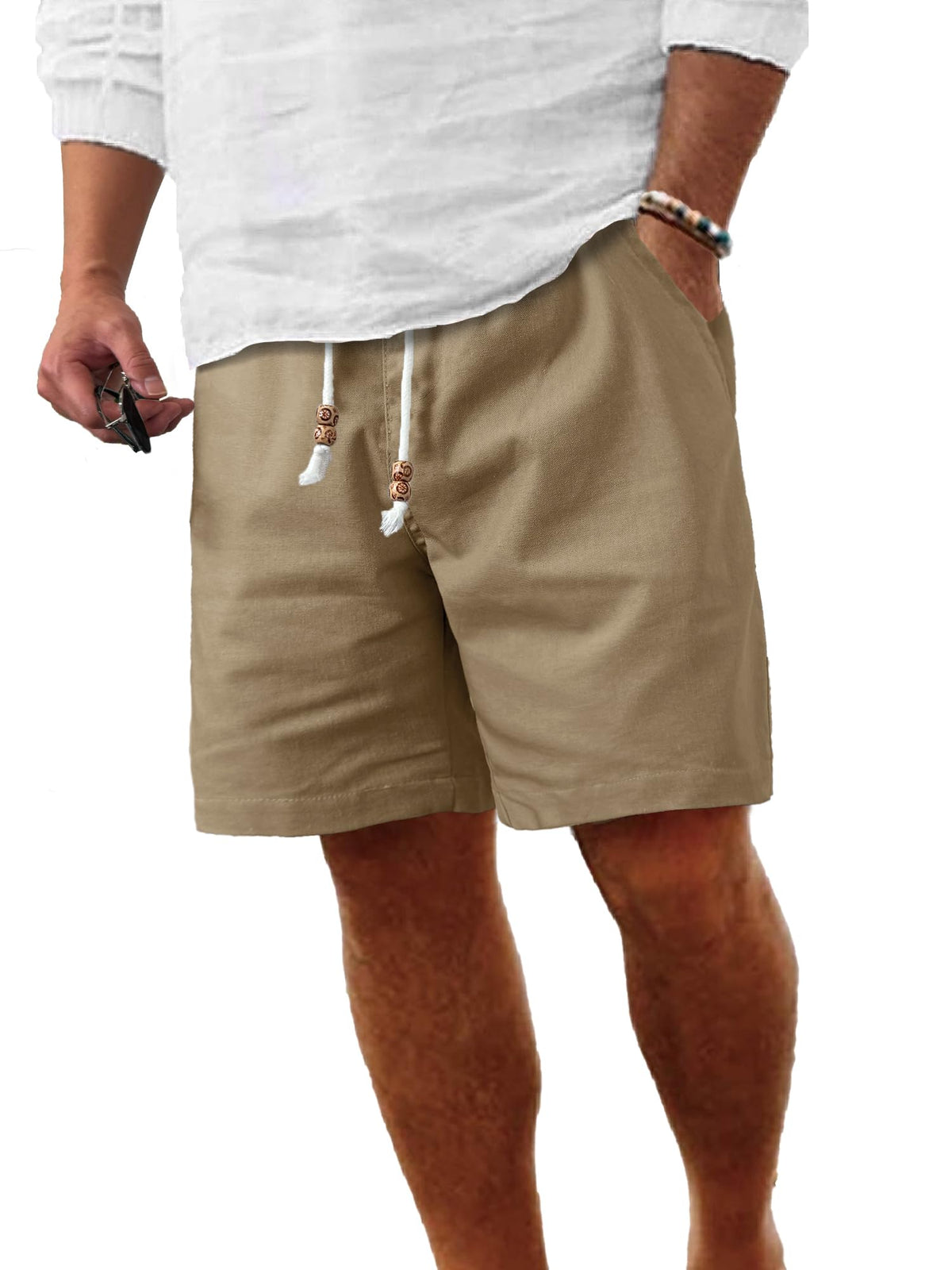 Comdecevis Men's Cotton-Linen Casual Drawstring Shorts