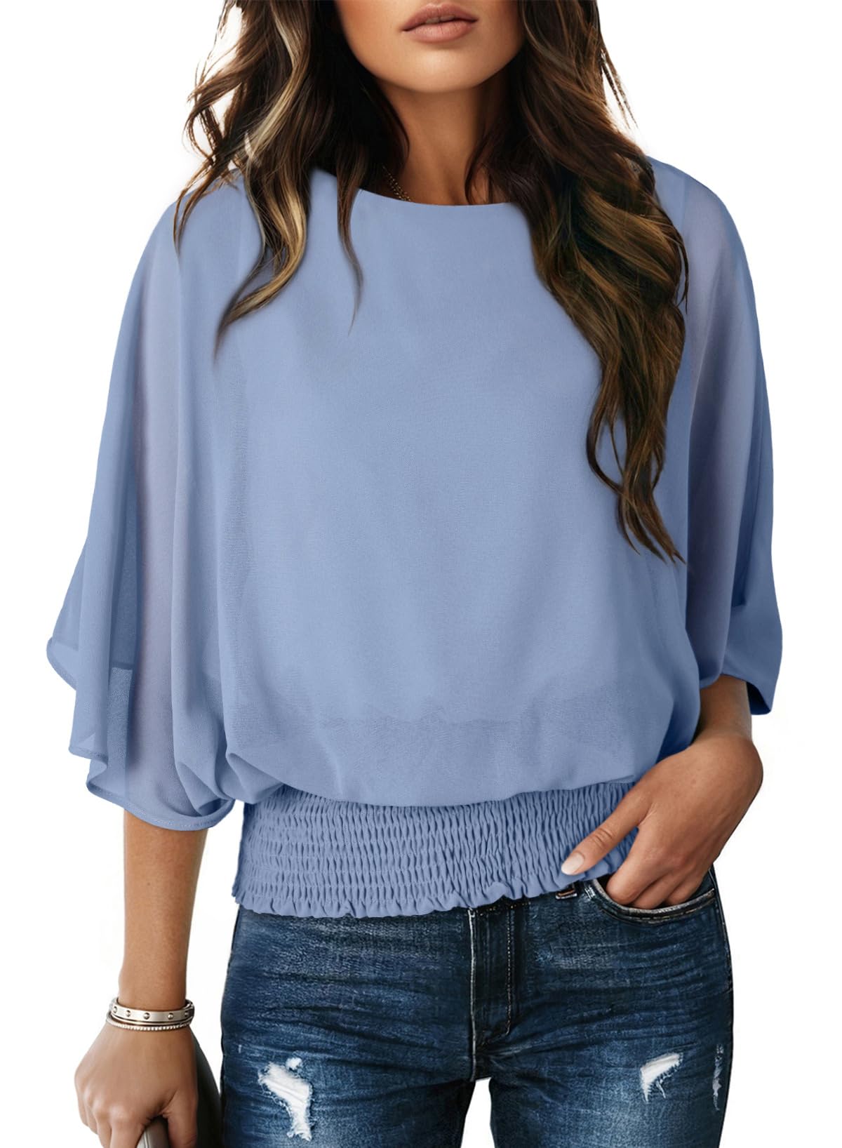 Dokotoo Womens Blouses Dressy Casual Boat Neck Flowy Chiffon Blouses Poncho Batwing Tops