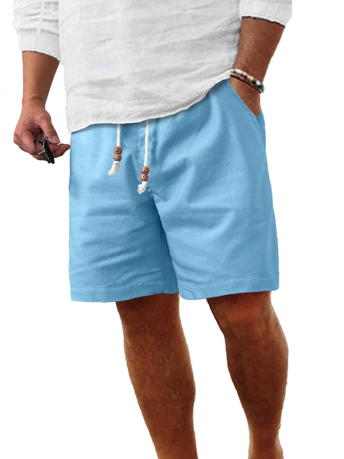 Comdecevis Men's Cotton-Linen Casual Drawstring Shorts