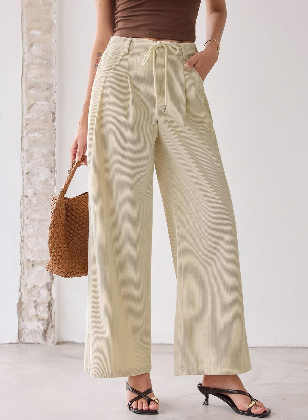 Sidefeel Corduroy Pants Women Wide Leg High Waisted Drawstring Baggy Pants