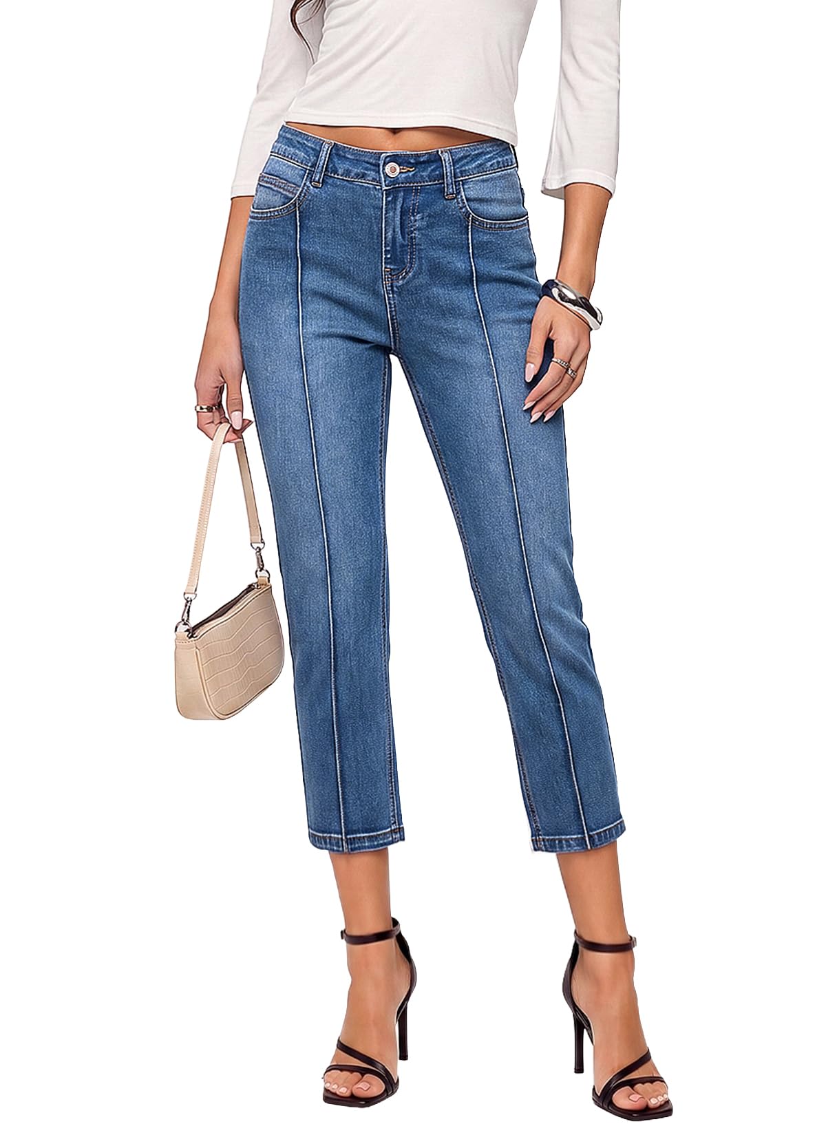 Sidefeel Women's Capri Jeans Mid Rise Skinny Stretchy Front Seam Capri Leggings Denim Pants