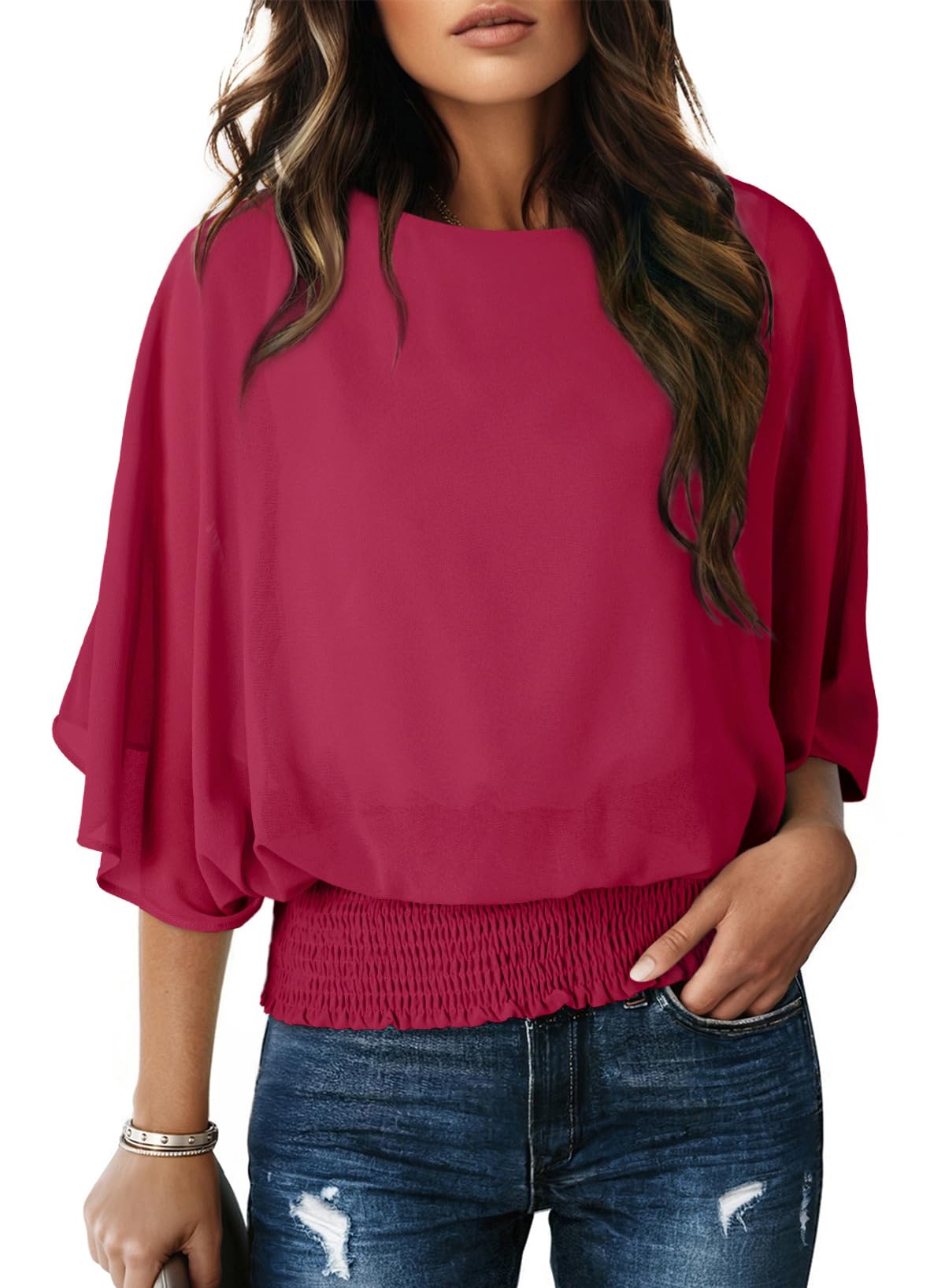 Dokotoo Womens Blouses Dressy Casual Boat Neck Flowy Chiffon Blouses Poncho Batwing Tops