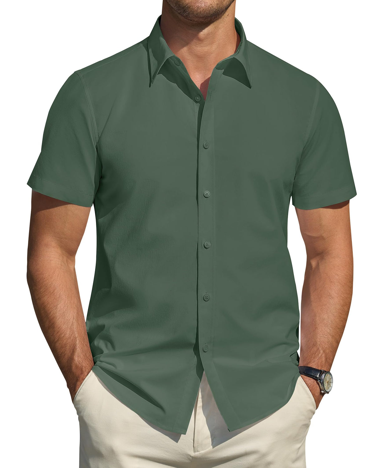 J.VER Men's Short Sleeve Dress Shirts Stretch Stain Shield Casual Button Down Shirts Solid Formal Shirt