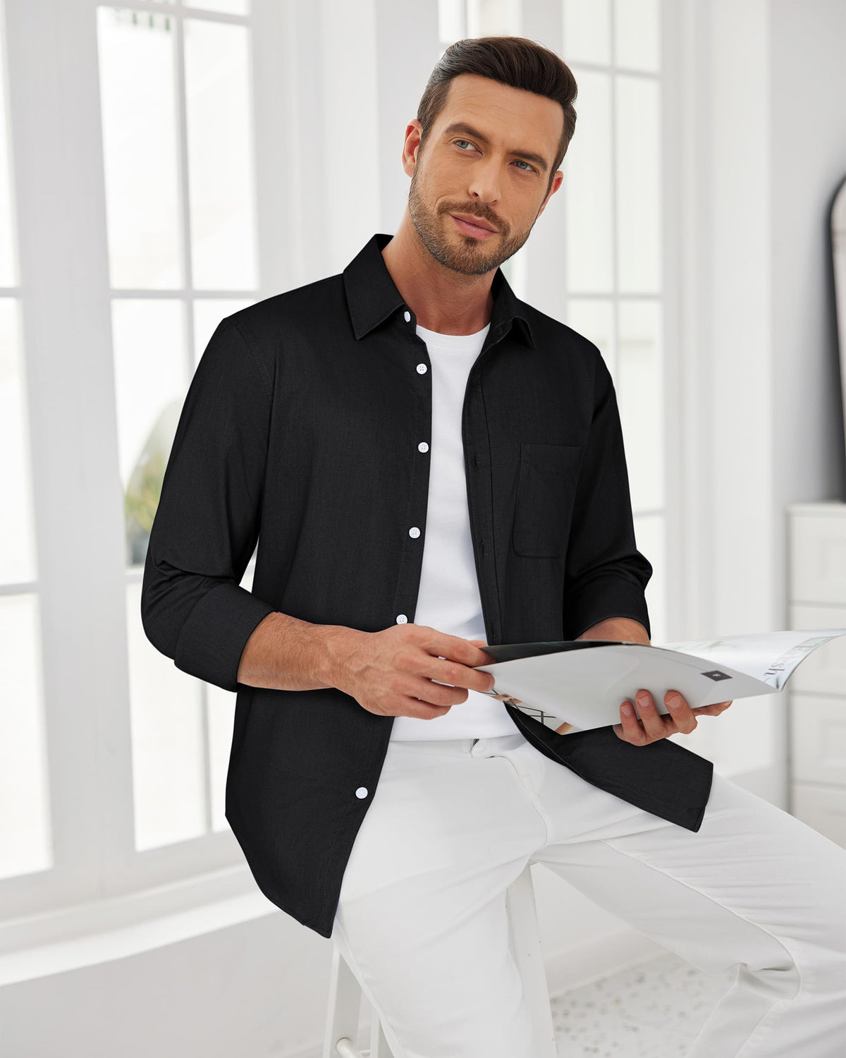 J.VER Oxford Shirts for Men Stretch Button Down Shirts Solid Casual Long Sleeve Dress Shirts with Pocket