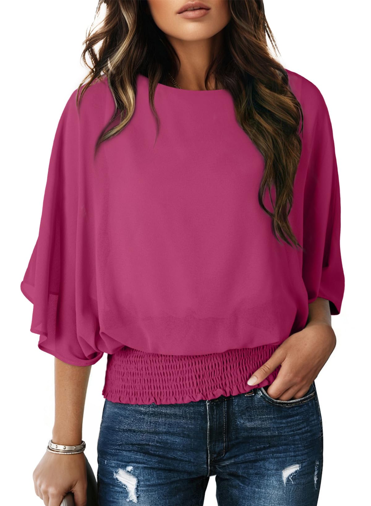 Dokotoo Womens Blouses Dressy Casual Boat Neck Flowy Chiffon Blouses Poncho Batwing Tops