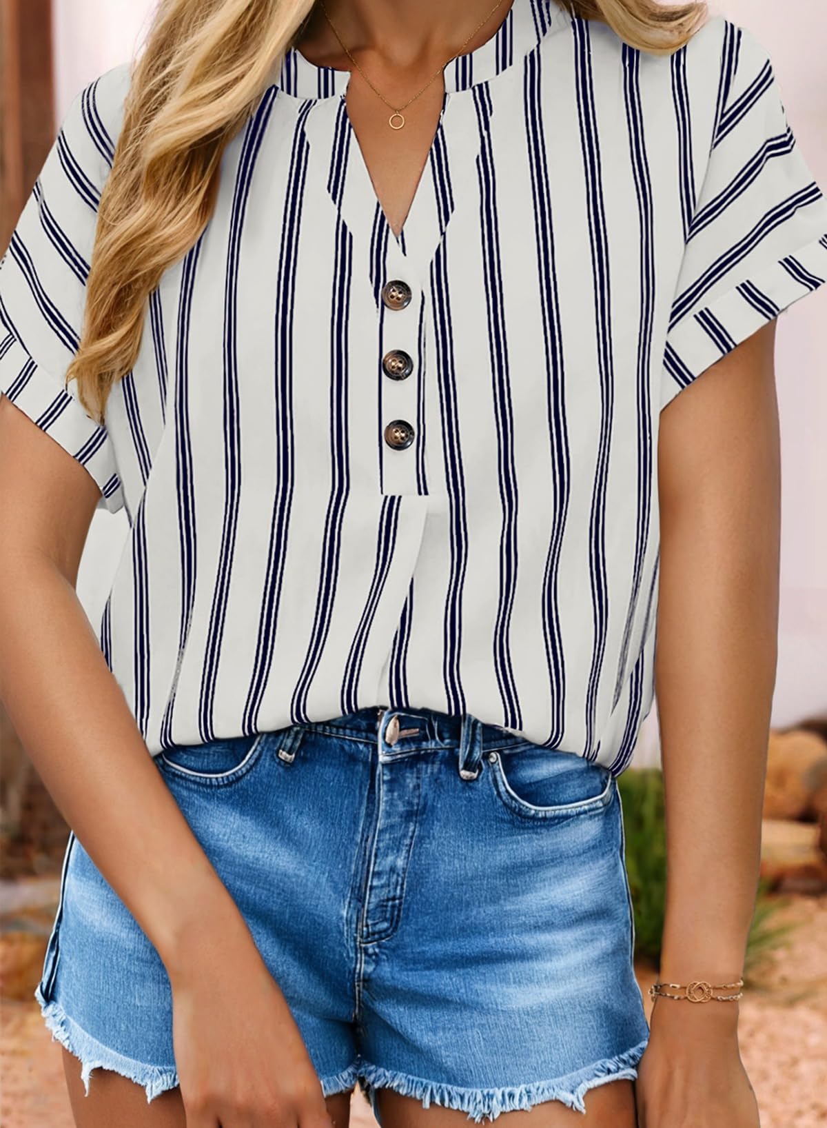 Dokotoo Womens Shirts Dressy Casual Summer Batwing Sleeve Shirt Trendy V Neck Button Down Striped Tops and Blouses