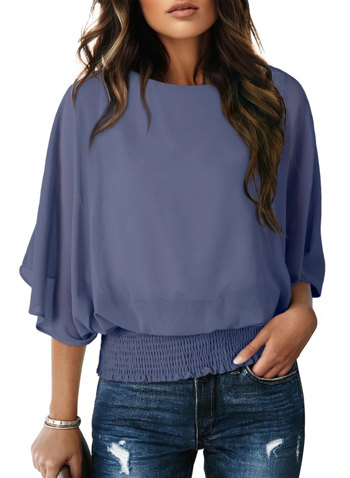 Dokotoo Womens Blouses Dressy Casual Boat Neck Flowy Chiffon Blouses Poncho Batwing Tops